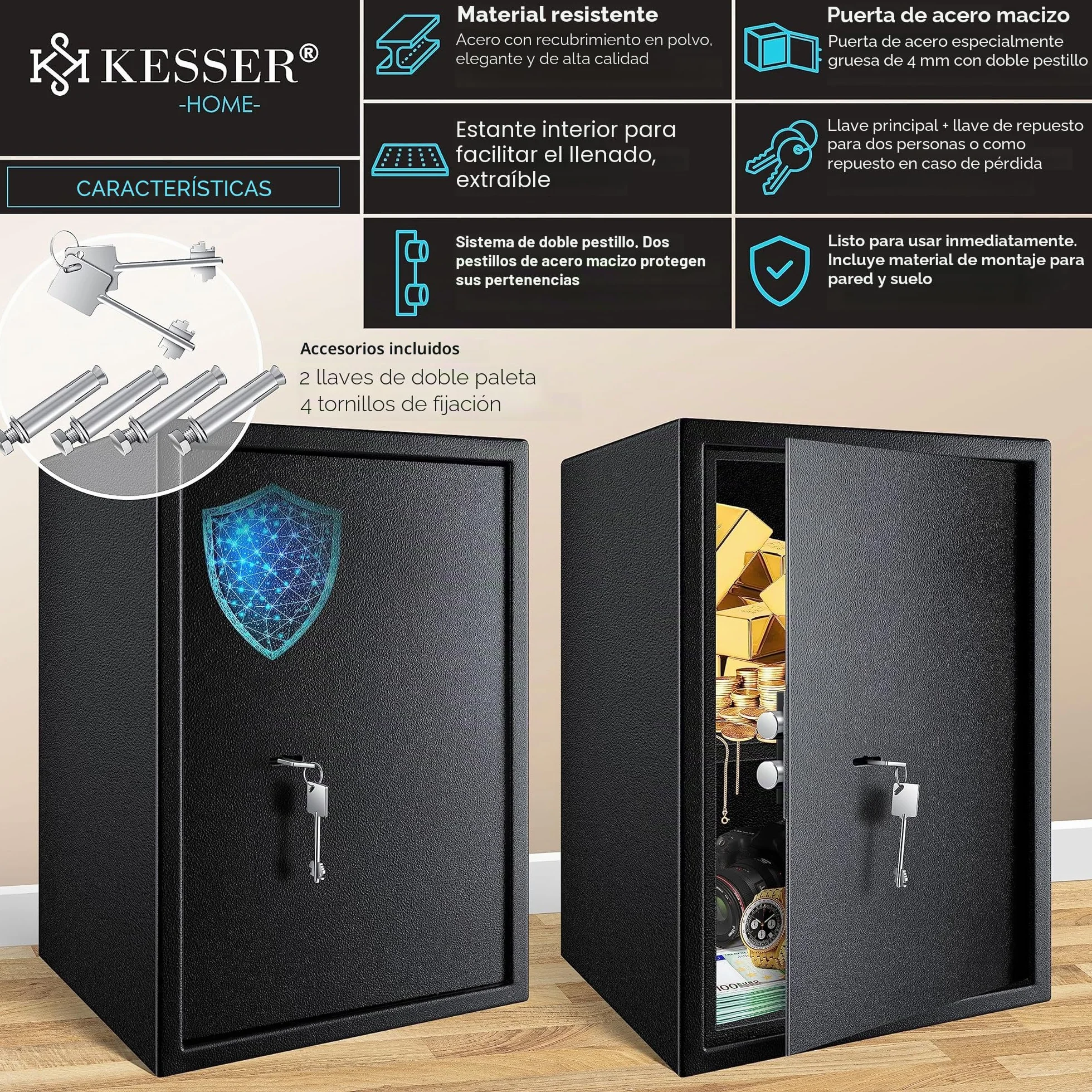 KESSER Caja fuerte de suelo-pared 50x35x31 cm con cerradura de doble paletón incluye 2 llaves