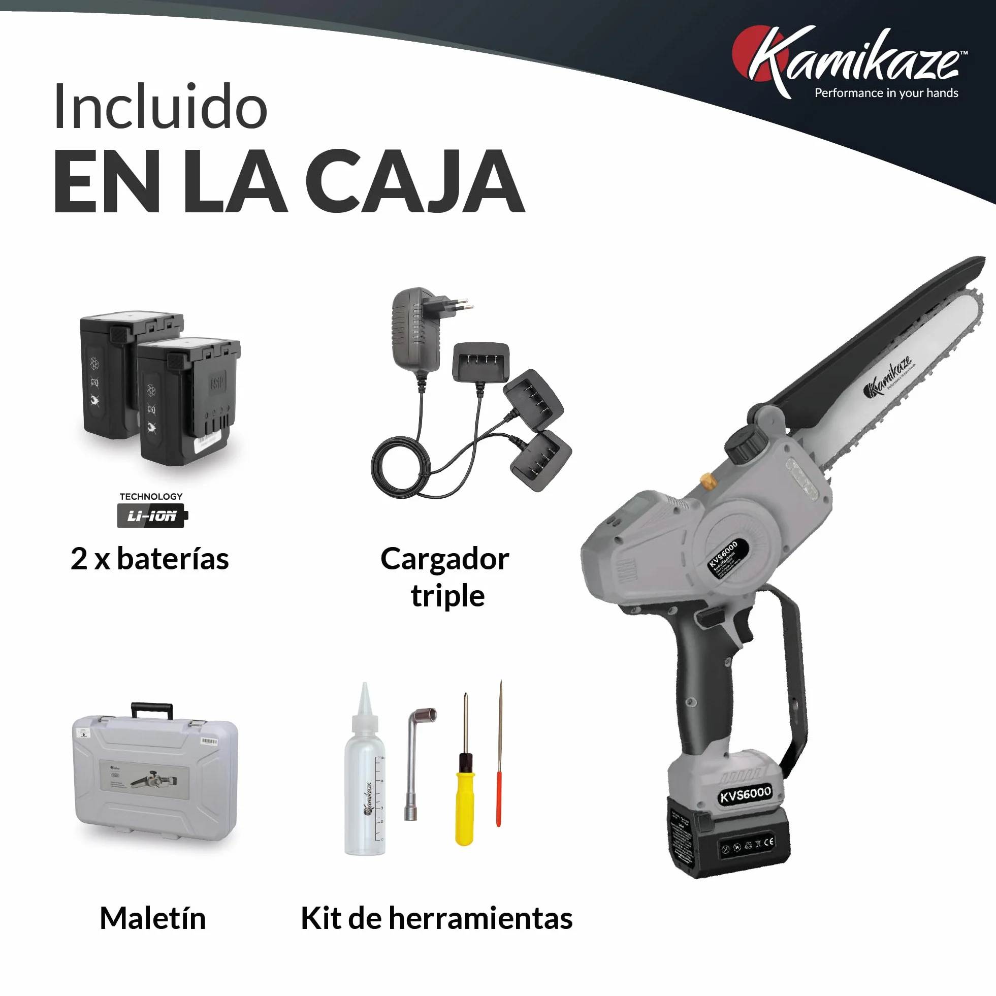 KAMIKAZE KVS6000 Mini Motosierra a Batería 21V 6" 800W Inalámbrica con 2 Baterías 4Ah y Cargador