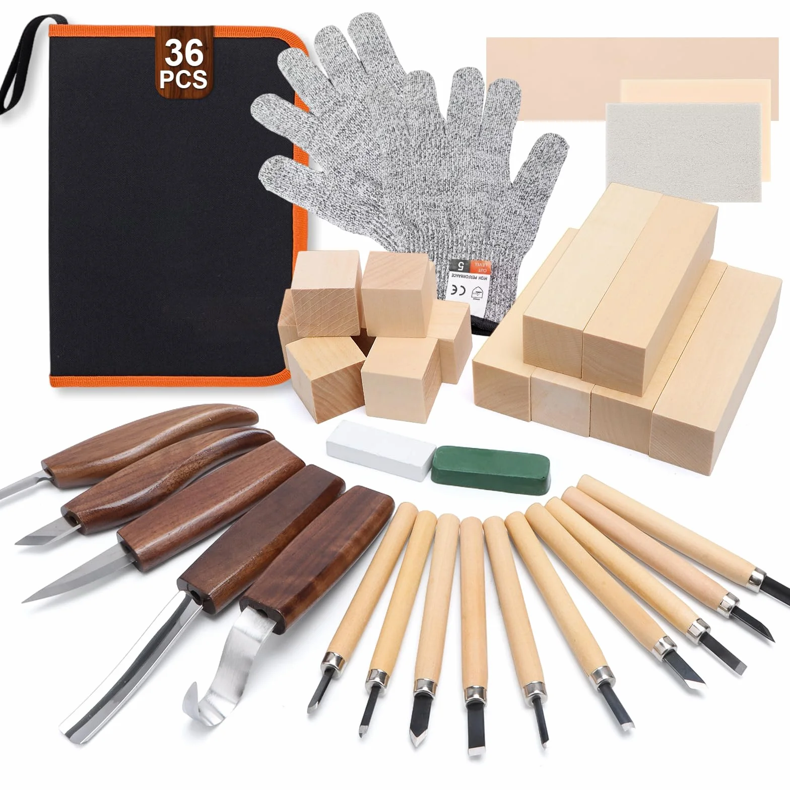 Juego de 36 Herramientas para Tallar Madera, Set de Tallado con Cuchillos y Bloques de Tilo