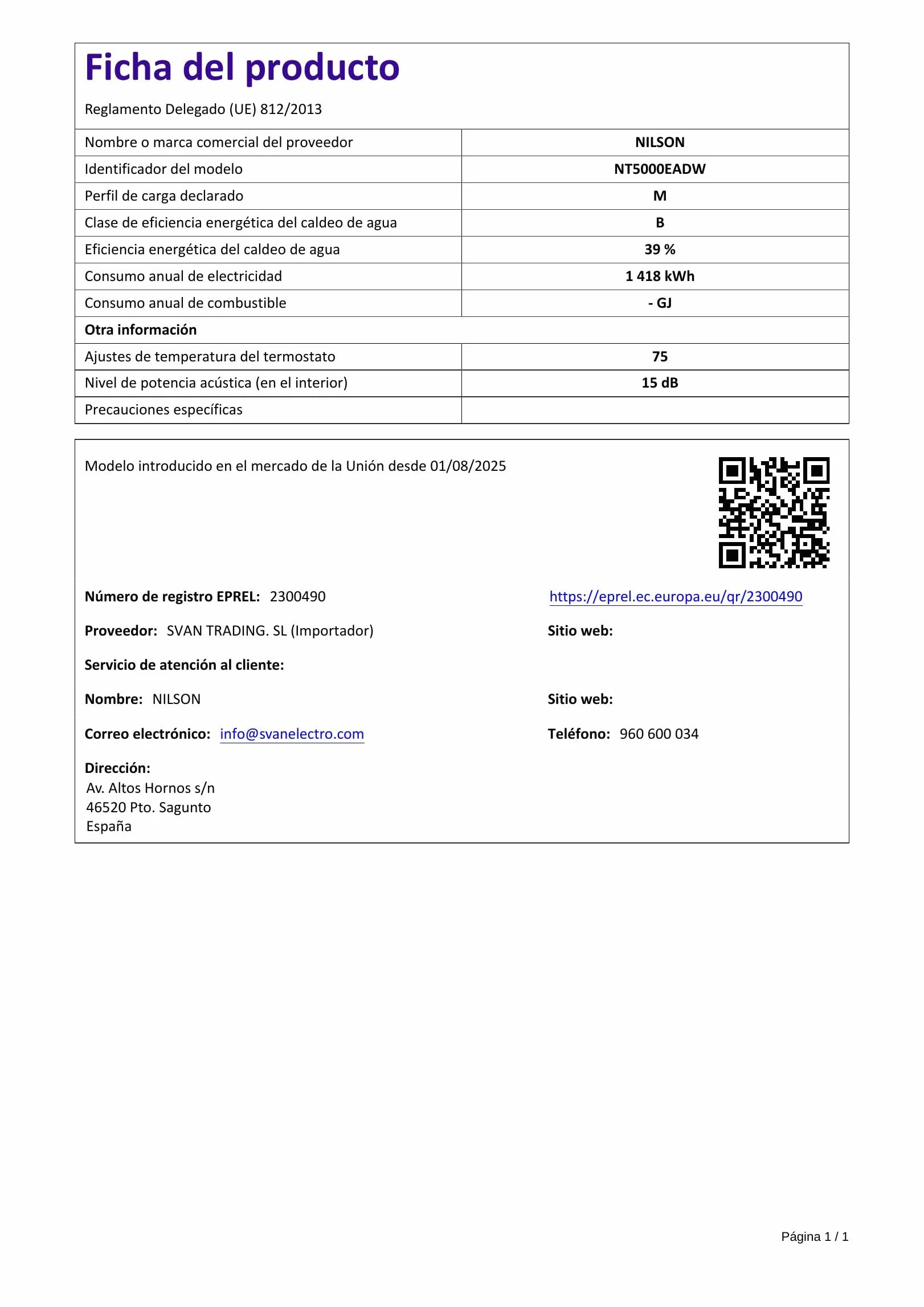 Nilson Termo Eléctrico Vertical 50 Litros NT5000EADW 1500W Acero Inoxidable Blanco Clase B