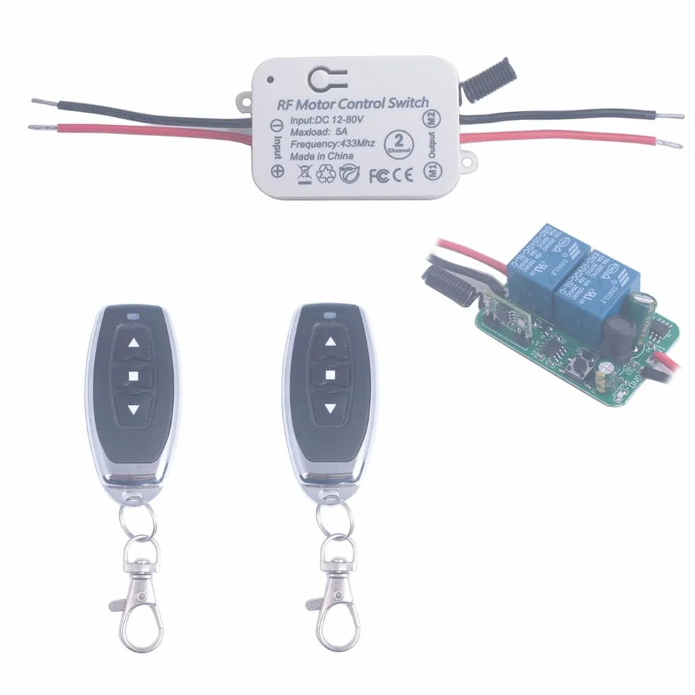 Interruptor de control remoto de motor de DC 12V 24V 36 48V interruptores de relé inalámbricos de 12V-80V 5 A controlador de receptor con transmisores, motor de avance, retroceso (2* Controlador)