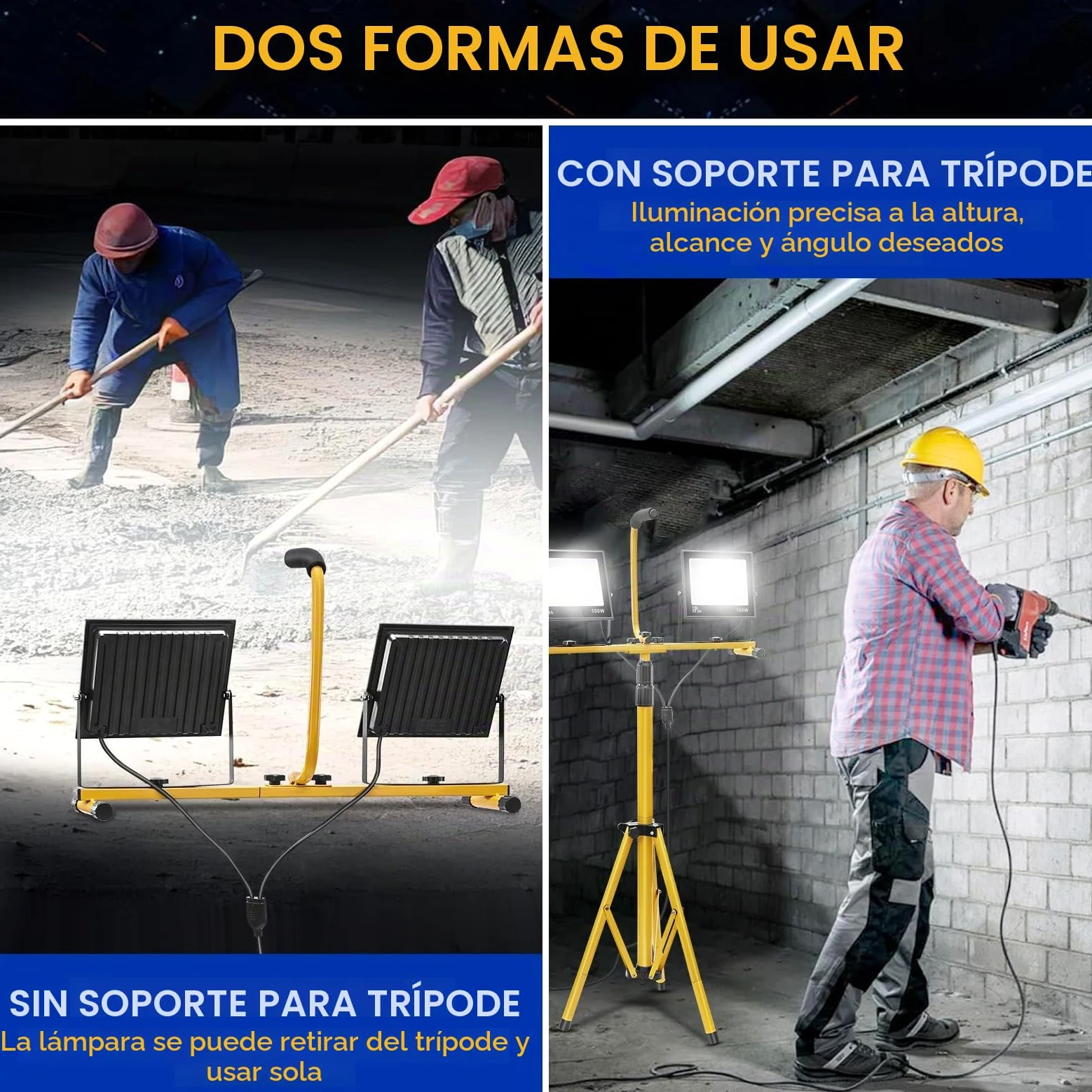 Yofuly 2x 100W Foco LED de Trabajo 21,000LM, Focos LED Portátil con Trípode Telescópico 1,6M, Lentes PC, IP66 Impermeable, con Cable de 3M, Luz de Trabajo para Obras, Jardines, Construcción
