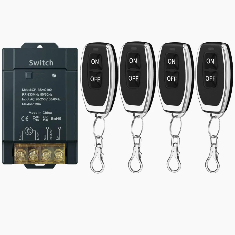 AC 220V 230V 100m 30A Interruptor de iluminación exterior de alta potencia con control remoto inalámbrico, relé inalámbrico para iluminación de bomba de agua (AC100-240V 100m 4V1 Negro)