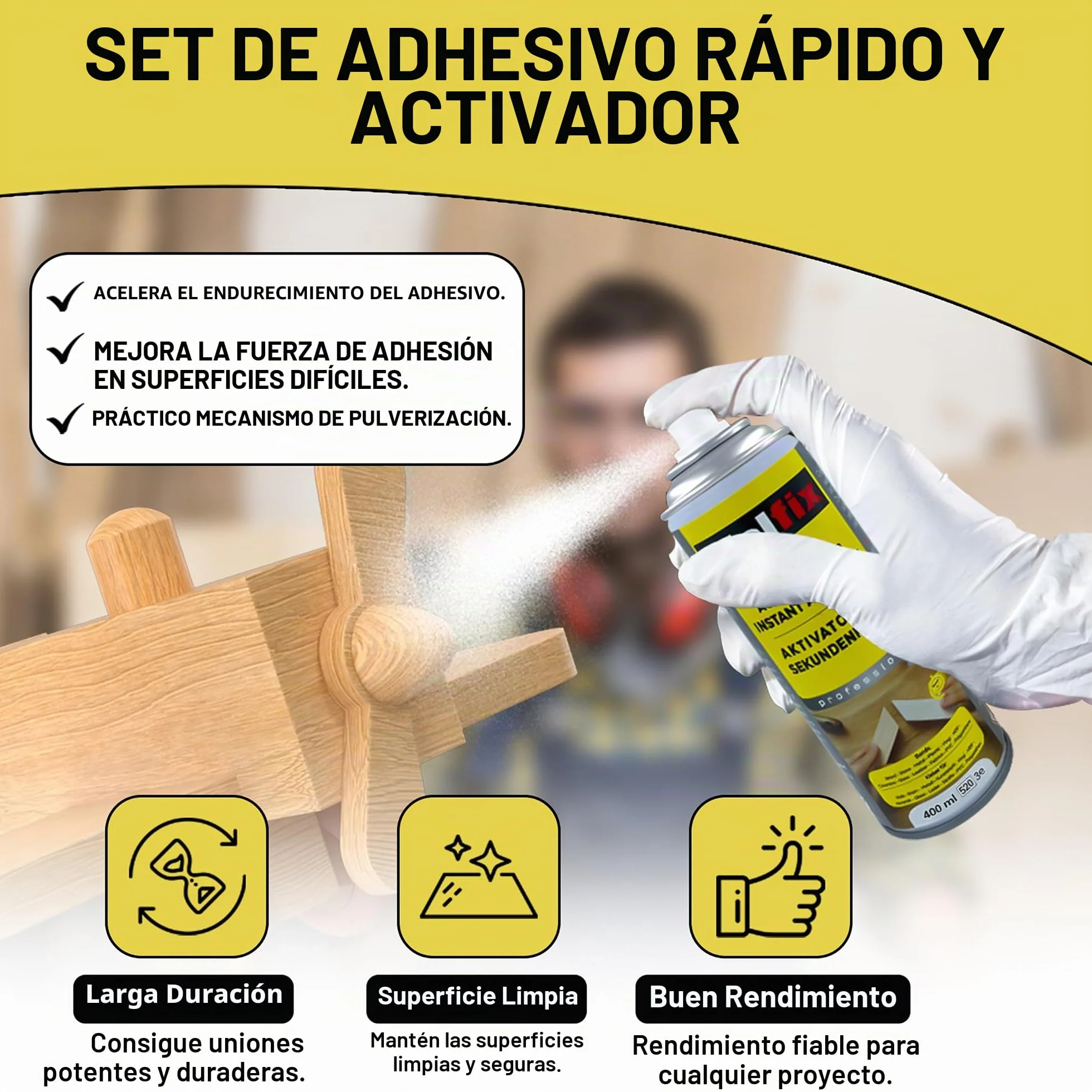 Wolfix Pegamento instantáneo 100 g con activador 400 ml spray para reparaciones universales con alta fuerza de adhesión universal cianoacrilato, juego de pegamento extra fuerte profesional