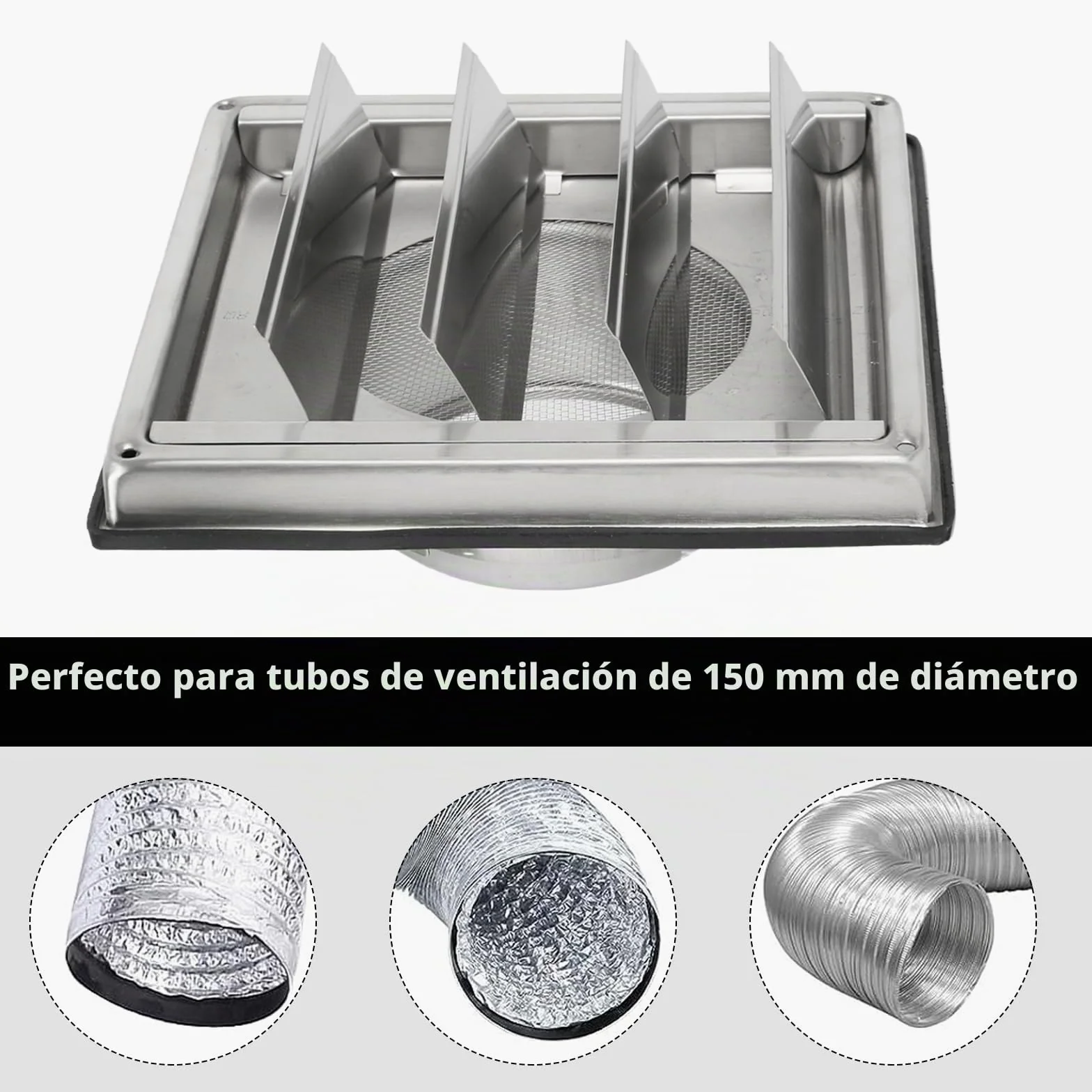 Rejilla de ventilación de acero inoxidable 304, rejilla de ventilación con válvula antirretorno, láminas y protección contra insectos, salida cuadrada 100, 125, 150 mm, tapa de ventilación de acero
