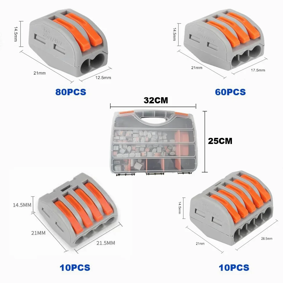 160pcs compact wire connectors, YUSHIHU electrical connectors, 80pcs 2 port clamps/60pcs 3-port clamps/10pcs 4-port clamps/10pcs 5-port clamps