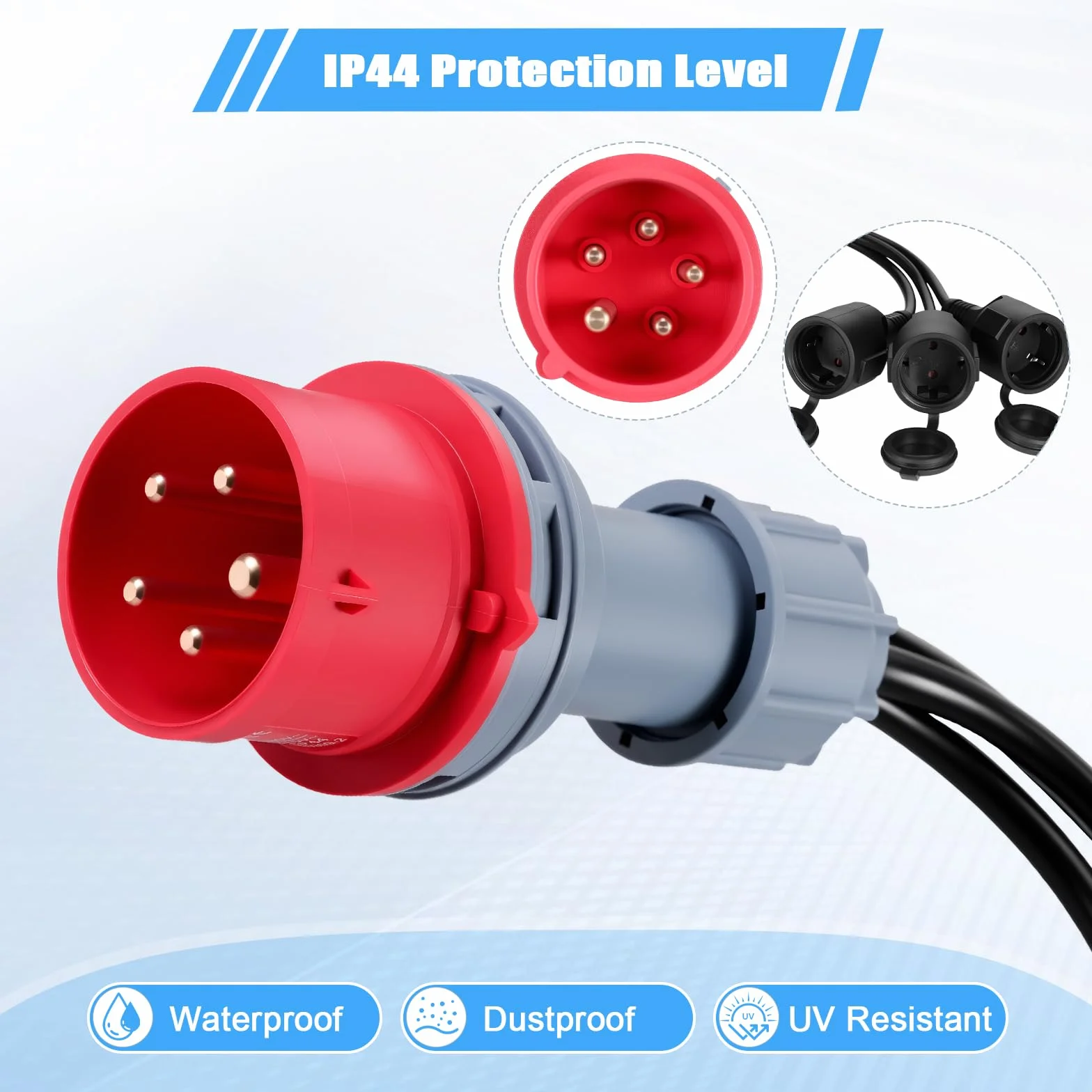 Adaptador CEE, Enchufe de 400V 16A a 3 X 230V Conector Schuko, Adaptador CEE con Tapa Abatible y Enchufe con Contacto de Seguridad, Cable Enchufe IP44 para Camping Caravanas, Industria y Exteriores