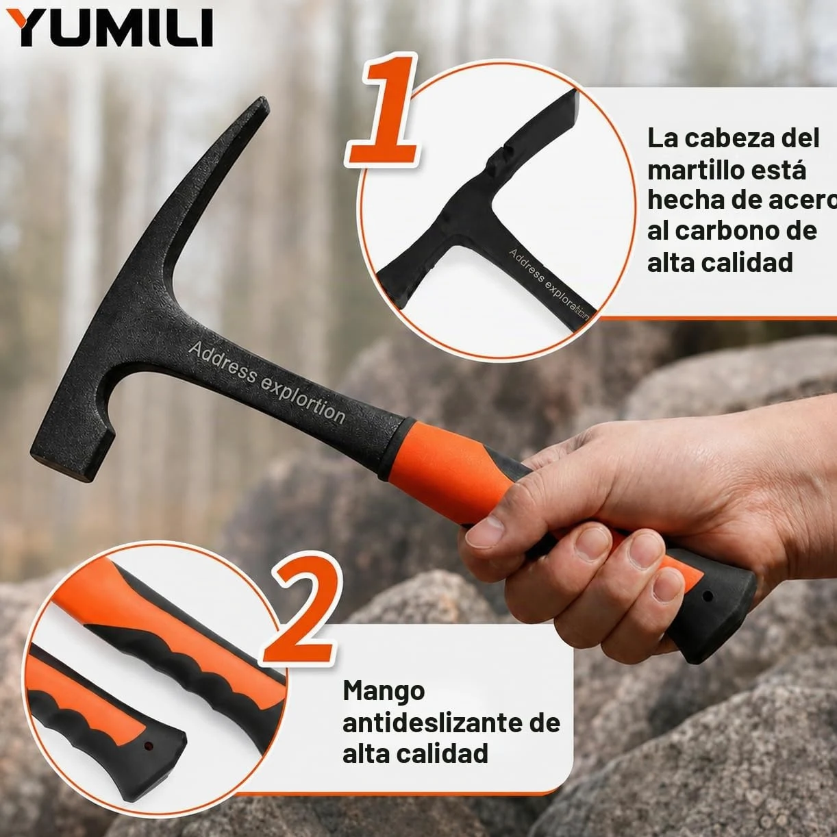 Geológico Exploración Martillo, Martillo Geológico Profesional 850g, Geología Rock Pick Hammer, Pico de Roca de Cabeza Plana, Herramienta de Exploración de Minerales para Geología al Aire Libre, 285mm