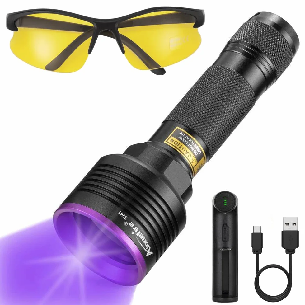 Alonefire SV41 Linterna UV 10W 395nm Profesional Potente Recargable USB Ultravioleta Luz Negra Detector de Orina para Resina, Pesca, Escorpión, Minerales con Gafas Protectoras UV, Batería, Cargador