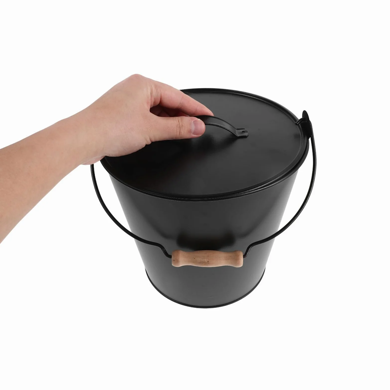 Hemobllo Cubo de Metal Negro para Cenizas con Tapa Segura y Asa de Madera, Adecuado para Estufas de Leña y Quemadores de Interior, para Recolectar Cenizas