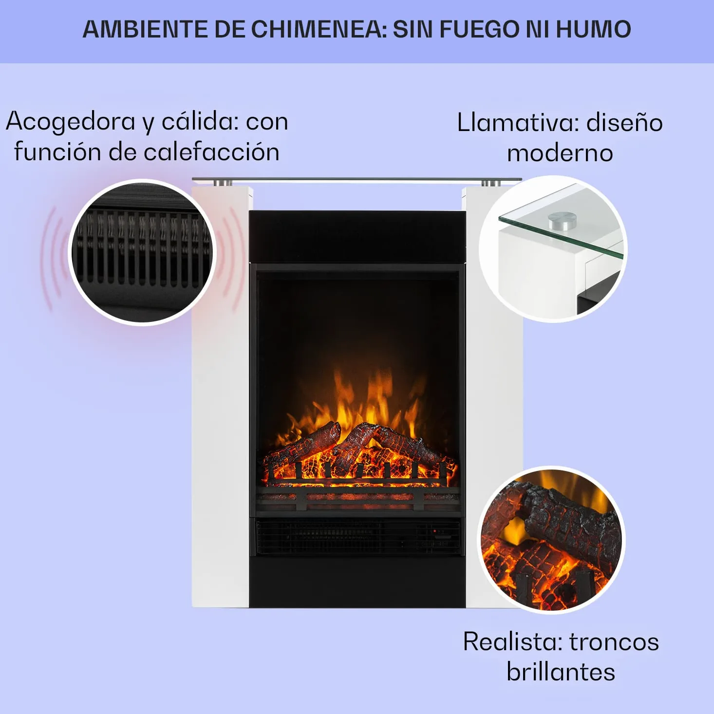 Klarstein Chimenea Electrica Pared, Estufa sin Leña de Interior, Chimeneas Electricas Decorativas 1800W, Llama LED, Chimenea Decorativa Falsa, Mando a Distancia, Temporizador y Termostato Ajustable