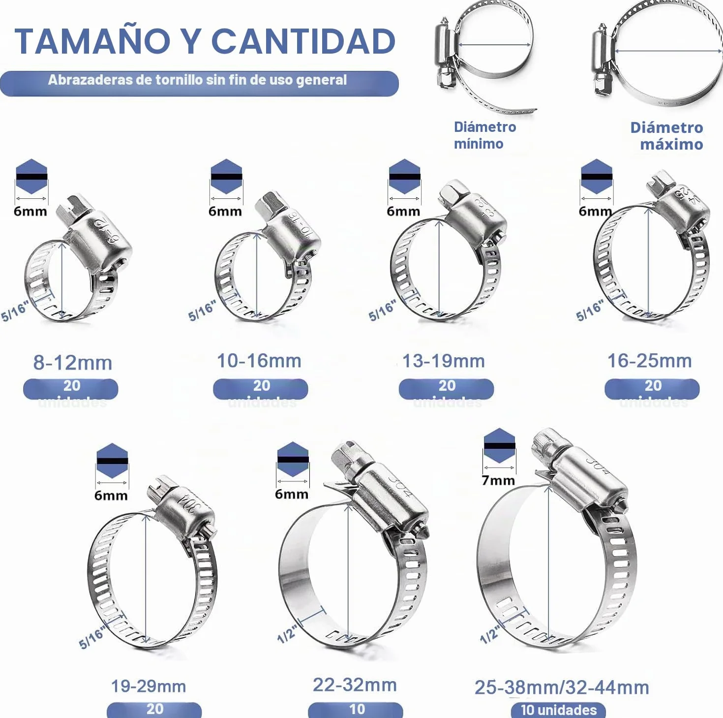 Abrazaderas de Tubería Acero Inoxidable 304, Juego de Abrazaderas de Manguera Ajustables 8-44 mm, 101 Piezas