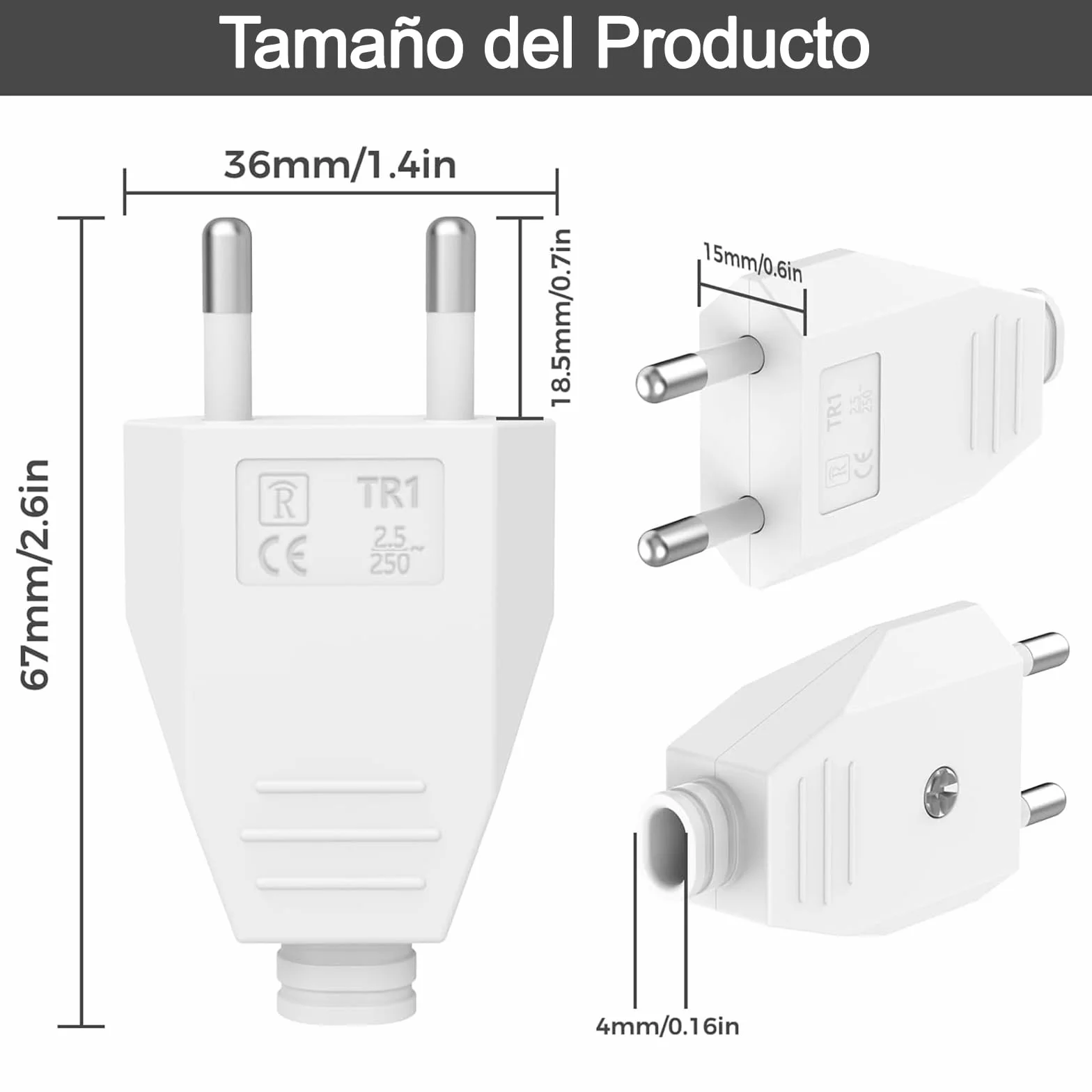 Enchufe Europeo Plano Schuko 250V 2.5A Blanco, Clavija Eléctrica Macho para Instalar o Reemplazar