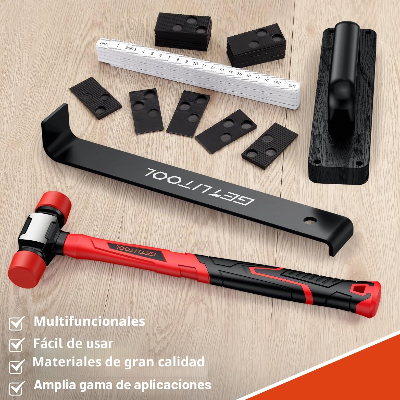 GETLITOOL Kit de instalación de suelos de madera laminada, herramientas de suelo con mazo de doble cara, herramienta de suelo laminado con barra de tracción, bloque de golpe sólido (B)