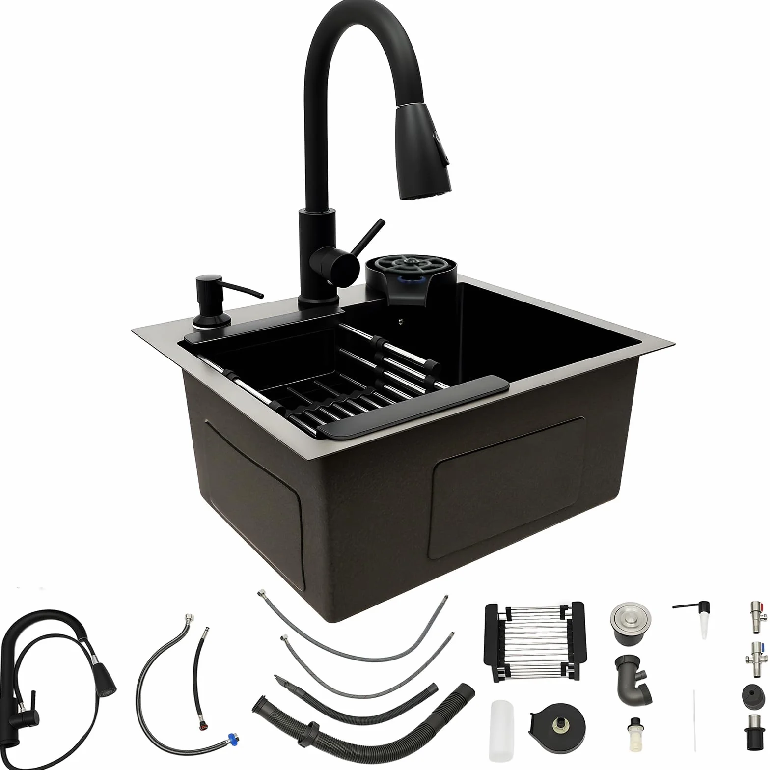 Fregadero de acero inoxidable de 45 x 40 cm, color negro, con grifo extraíble y lavavajillas para tazas, fregadero de cocina multifuncional, 1 lavabo, incluye tubo de drenaje, dispensador de jabón