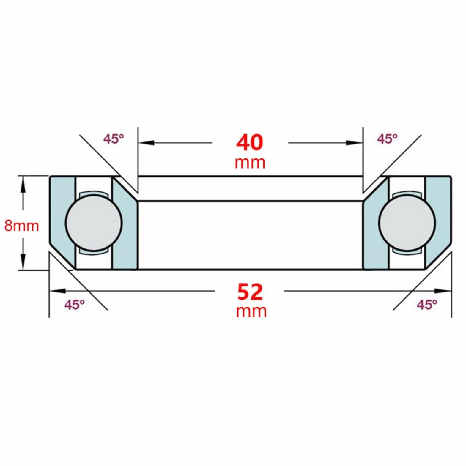 Rodamientos de dirección para bicicleta 40 x 52 x 8 mm, acero con junta de goma, chaflán 45°, juego de 2