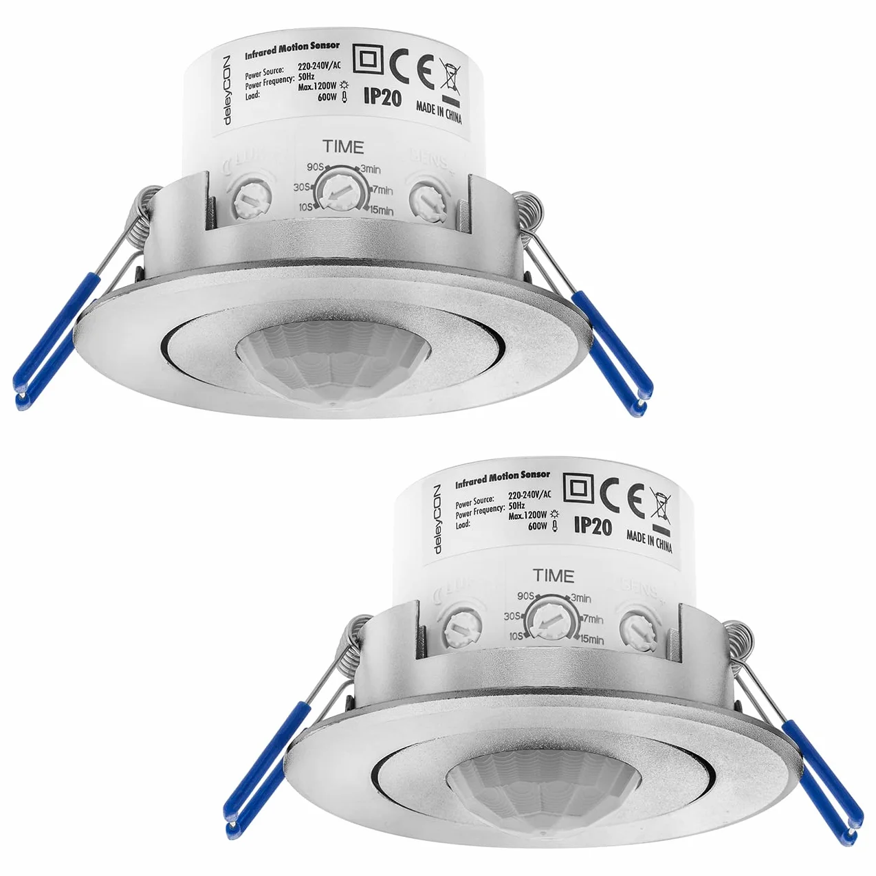 deleyCON 2X Infrarrojos Detector de Movimiento de Techo En el Interior - Alcance 8m a 360° Brillo Ambiente Ajustable IP20 Montaje Empotrado Aluminio