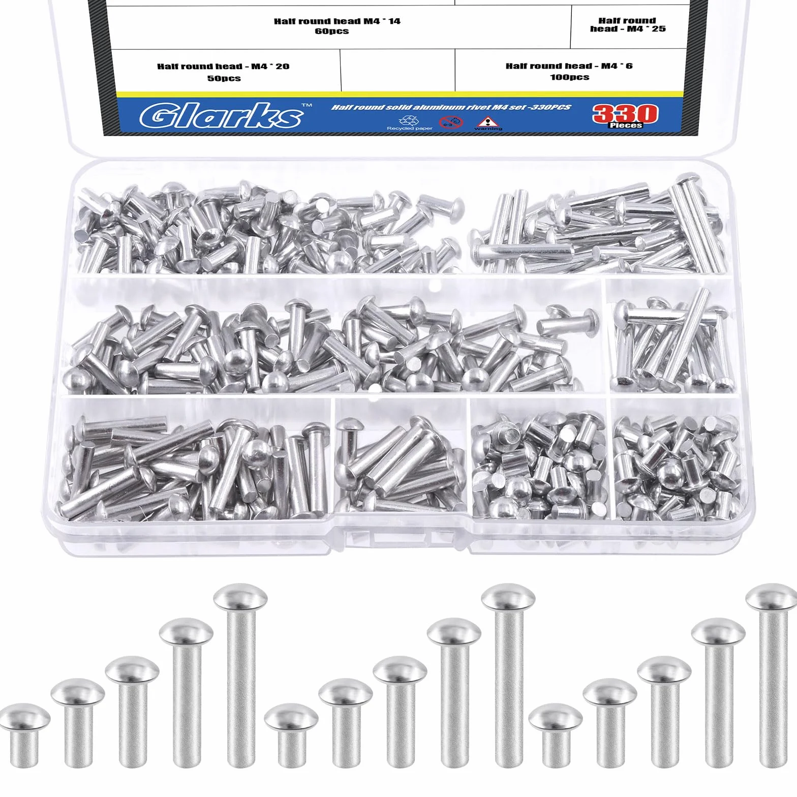 Glarks 330 remaches de aluminio M4 x 6/10/14/20/25 con cabeza sólida, longitud 6 mm, 10 mm, 14 mm, 20 mm, 25 mm, remaches de aluminio de alta resistencia a la corrosión para empalme y reparación de