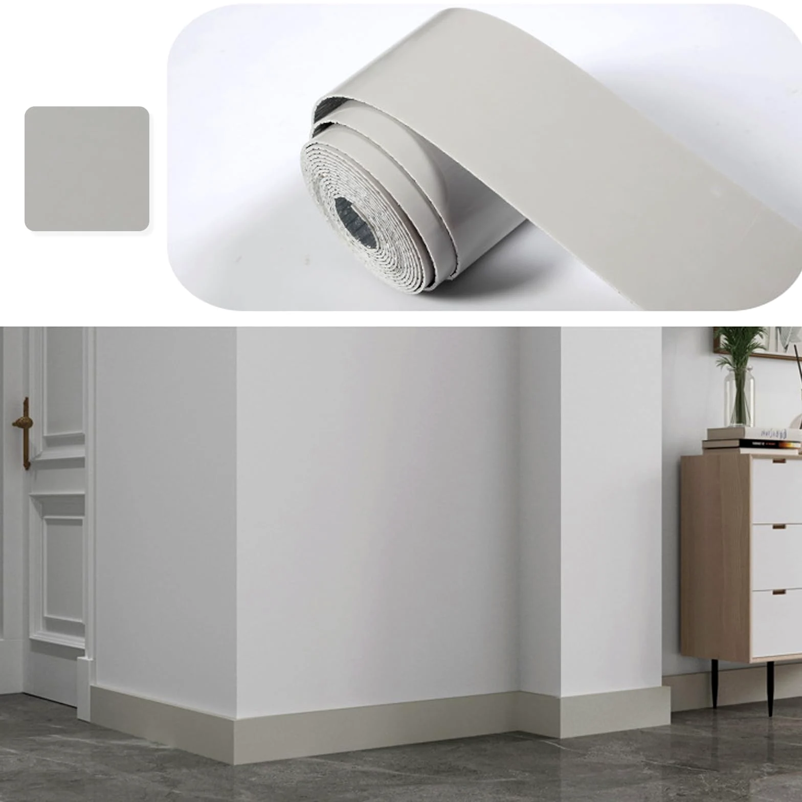 Rodapié blando de 10 m más ancho y grueso, tira decorativa flexible autoadhesiva, perfiles de transición para el suelo, molduras de suelo, zócalos de pared, vetas de madera de mármol (1, gris, 10 m x