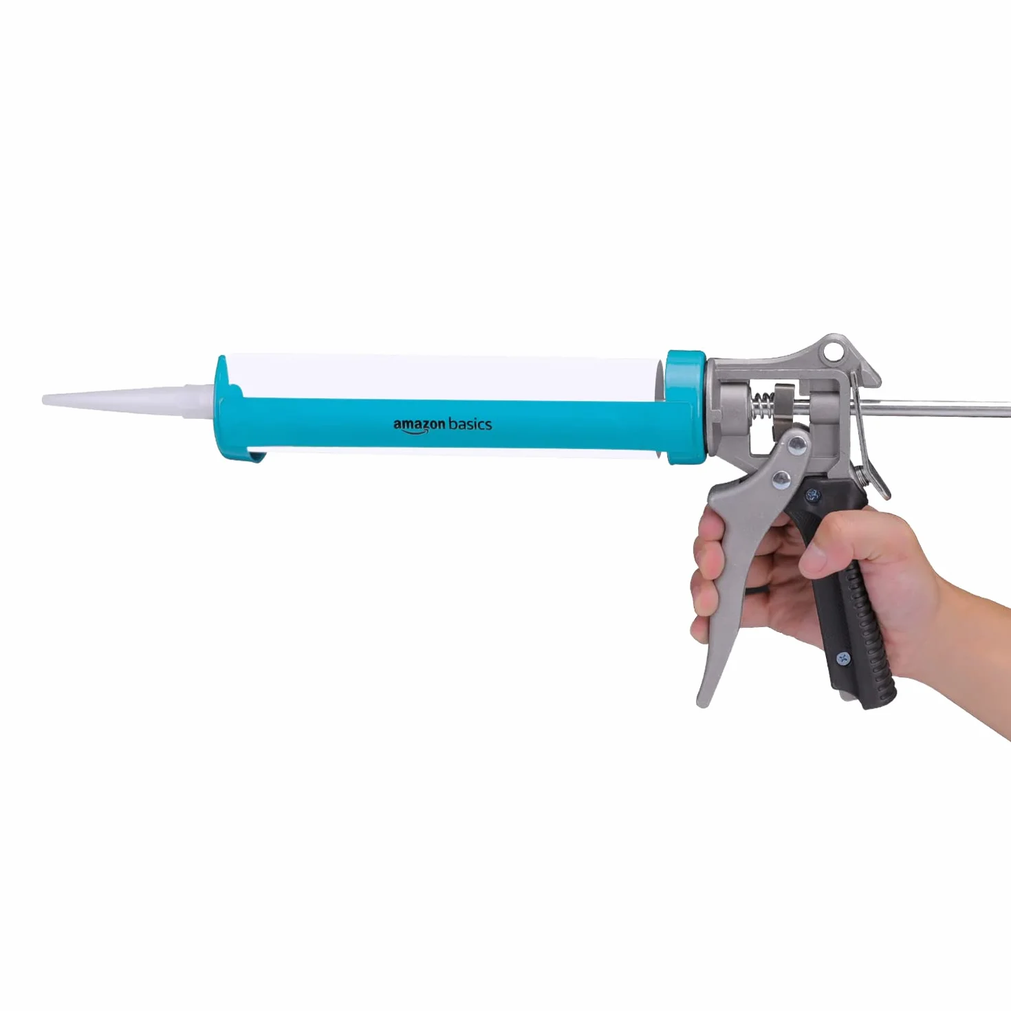 Amazon Basics Pistola para sellado de calafateo, resistente, 310ml, relación de fuerza 12:1, mango de aluminio con empuñadura de soporte de plástico, 0.3 litros, Azul y gris
