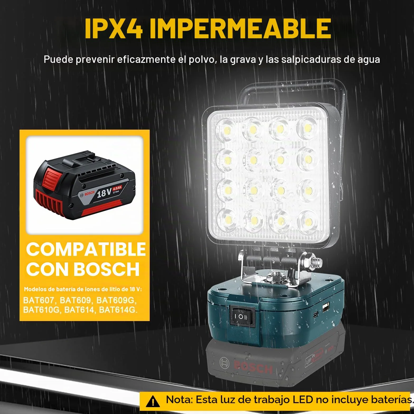 SKYWORLD Luz de trabajo LED inalámbrica para batería Bosch de 18 V, 48 W, 4800 lm, reflectores portátiles para iluminación de camping de bajo voltaje al aire libre, taller, garaje, lugar de trabajo