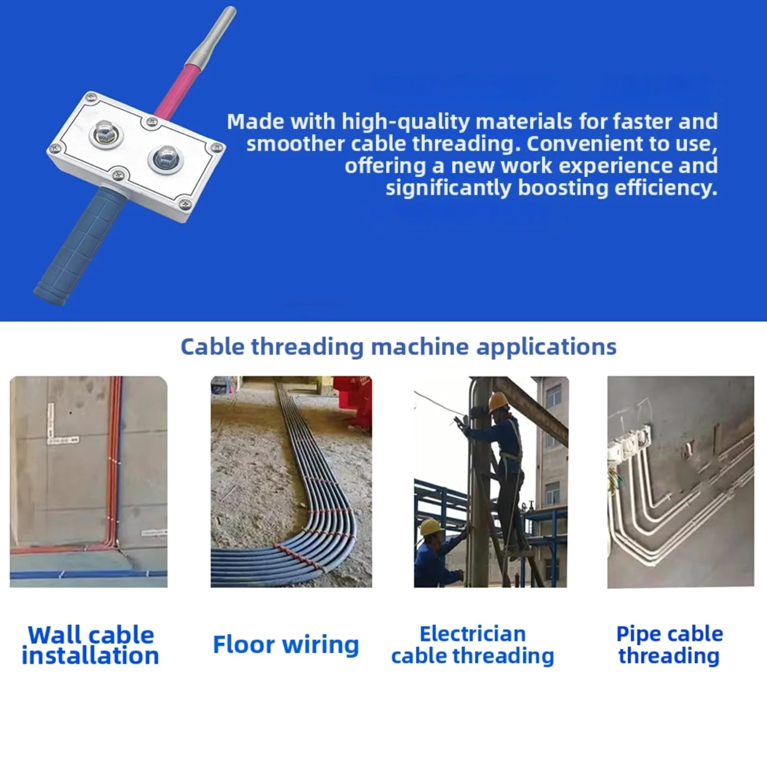 Alambre eléctrico que tira de electricistas, cable de metal que rosca el cableado y el conducto de la pared, instalaciones alternativas eficientes del piso de la cinta de pescado