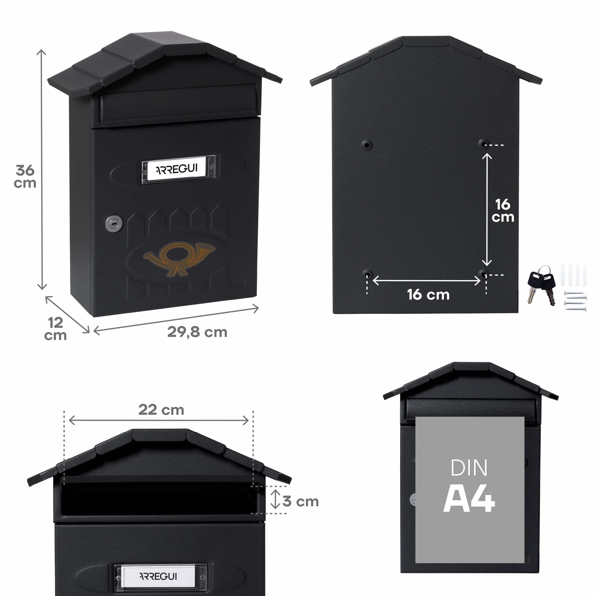 ARREGUI Villa E5004 Buzón Exterior de Acero, Tamaño M (Correo DIN A4 y Revistas), Buzón de Correo Individual, Buzón de Pared de Chapa Gruesa, Antilluvia, Fácil de Instalar, Negro Texturizado