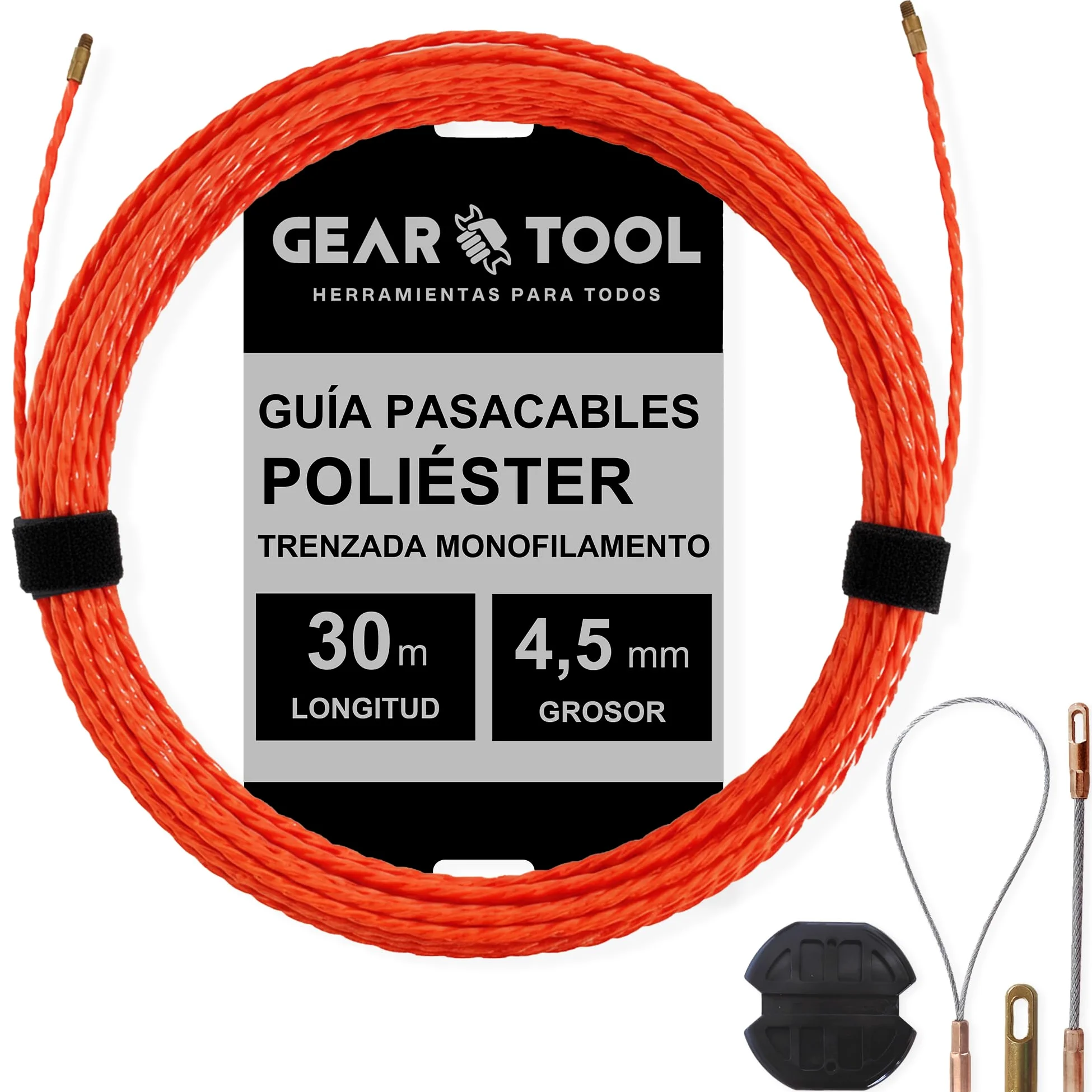 Guía Pasacables Profesional de 30m y 4.5 mm | Monofilamento Trenzado de Poliéster | Tirador Ergonómico y 3 Terminales Intercambiables | Herramienta para Electricistas y Bricolaje