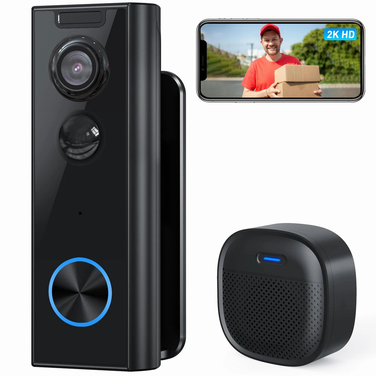 XTU Timbre Inalámbrico con Cámara, 2K HD WiFi Timbre Videoportero Exterior Impermeable con Soportes, Detección de Movimiento PIR, Visión Nocturna, Audio Bidireccional, Compatible con Alexa