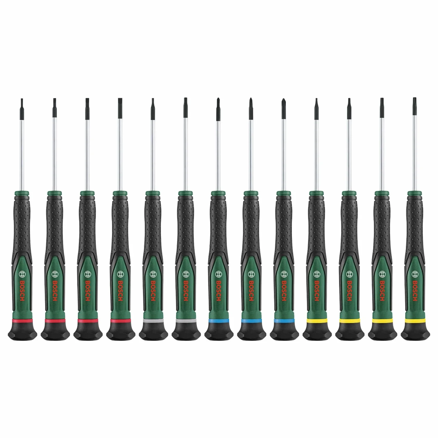 Bosch Juego destornilladores de precisión Bosch 13 pza. (acero S2 extraduro, para bricolaje/modelismo/manualidades; punta precisa/magnética; PH/TX/HEX/SL; tamaño codificado por color; mango suave)