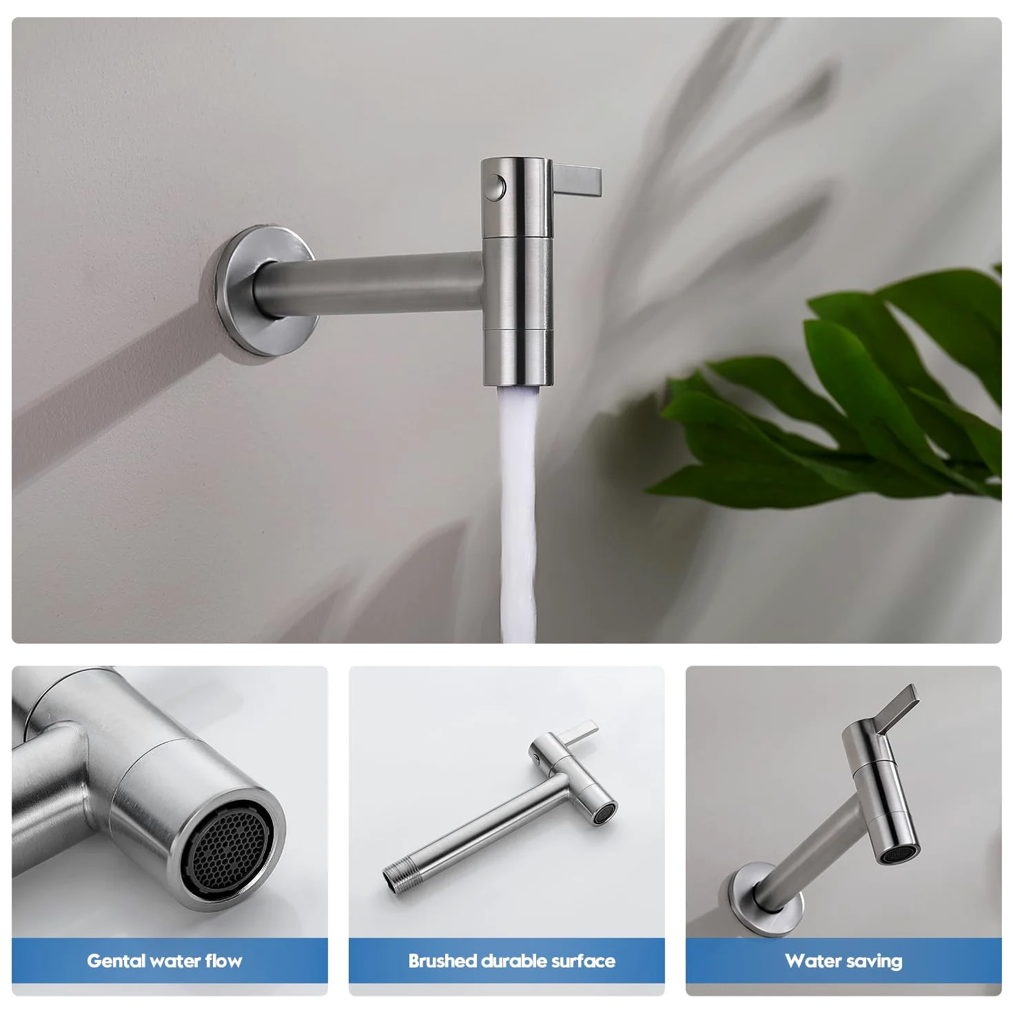 Decaura Grifo de agua fría montado en la pared de acero inoxidable grifo de agua fría montado en la pared de 13 cm grifo frío en pared para baño, lavabo, balcón, cocina