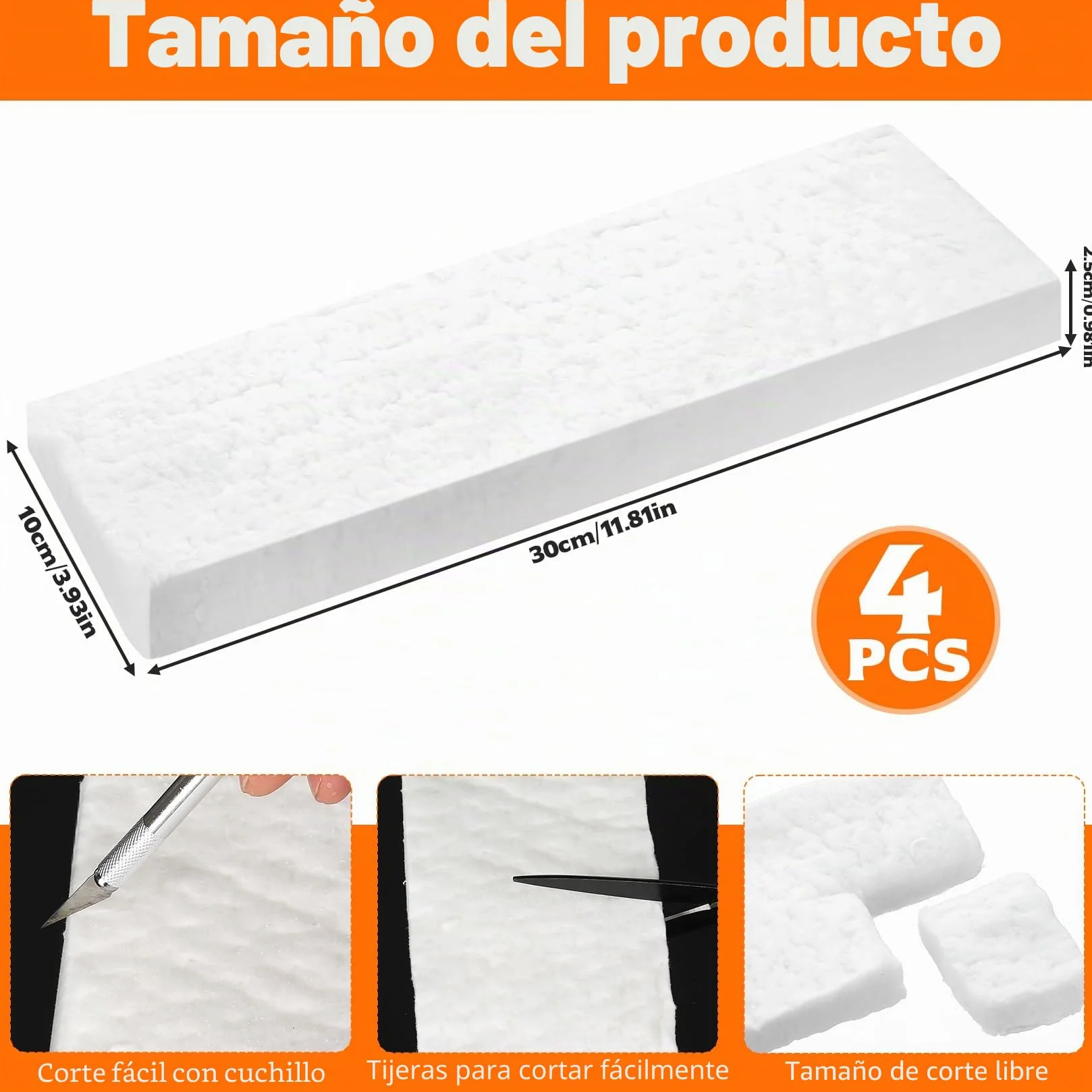 Lana Cerámica para Chimeneas de Bioetanol 4 Piezas, Esponja Cerámica Resistente al Calor 300x100x25mm