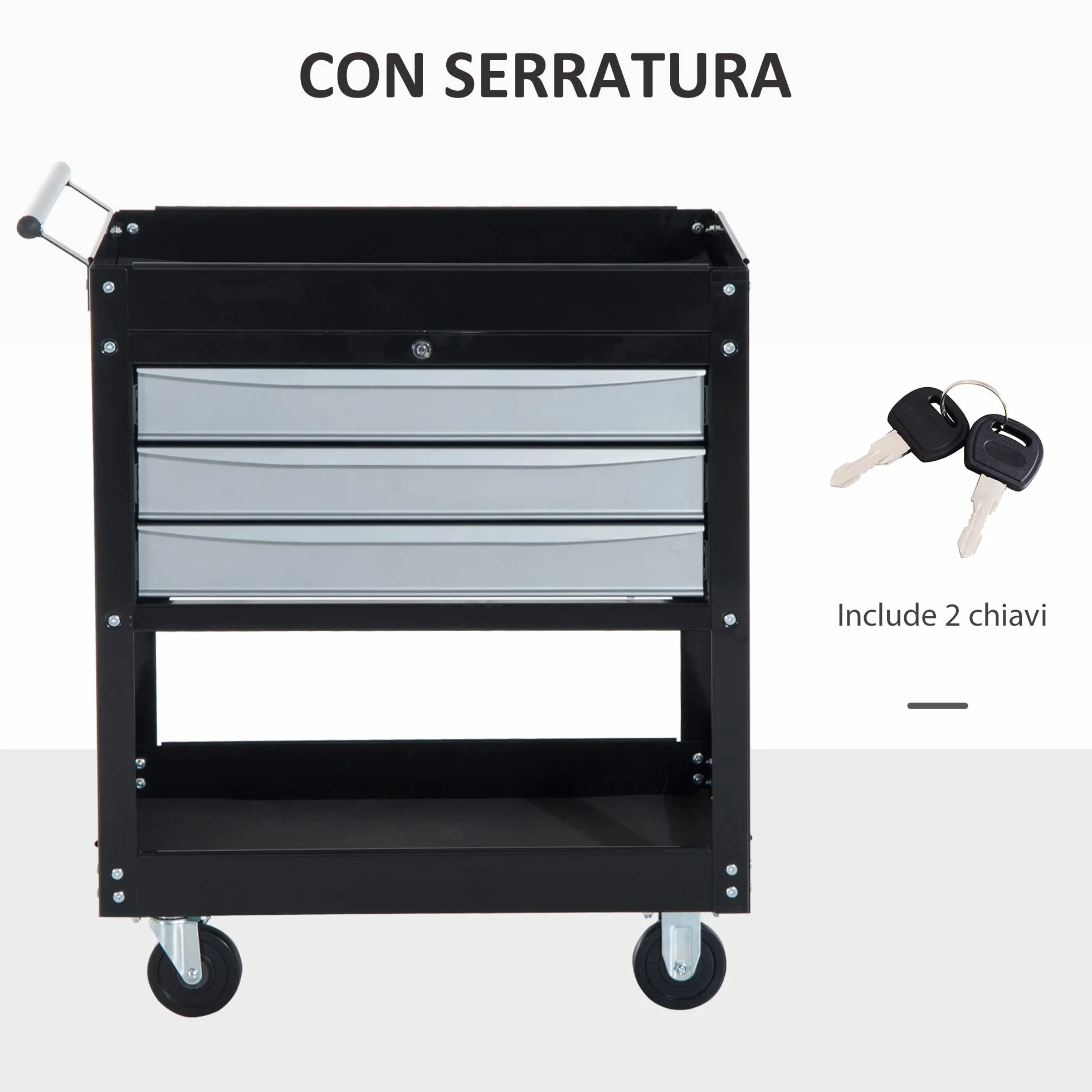 HOMCOM Carro de Herramientas Móvil 3 Cajones 2 Estanterías 68x46x88cm Chapa de Acero Negro
