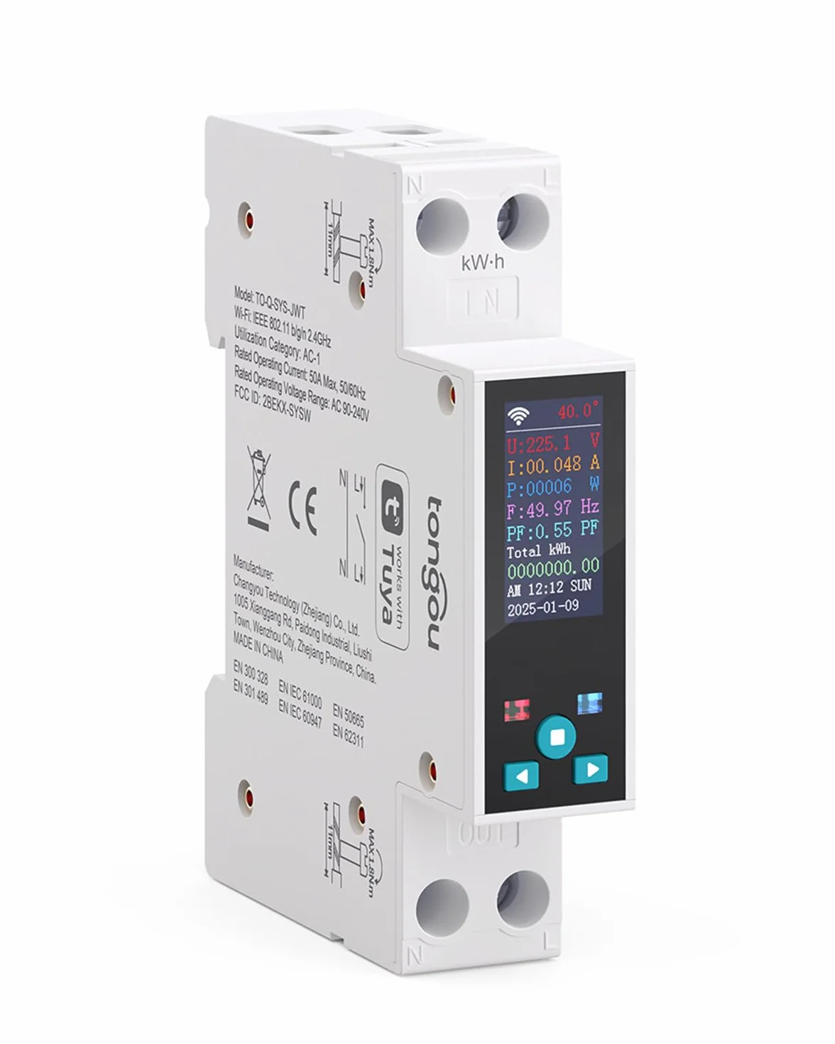 TONGOU Medidor de Consumo Eléctrico wifi, 1P+N/ 240vac Pantalla LCD en colores incorporada WIFI Inteligente Interruptor Medidor Energia, Compatible con Alexa, Smart life/Tuya Contador Eléctrico wifi