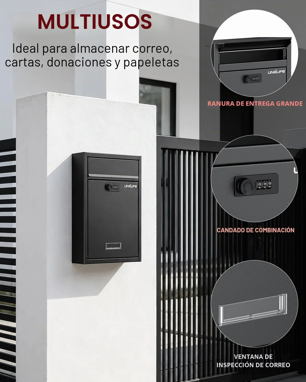Uniclife Buzón de pared para exterior, gran compartimento de almacenamiento con cerradura de combinación, cierre de seguridad para casa, caja de seguridad, caja de correo, caja de acero para casa