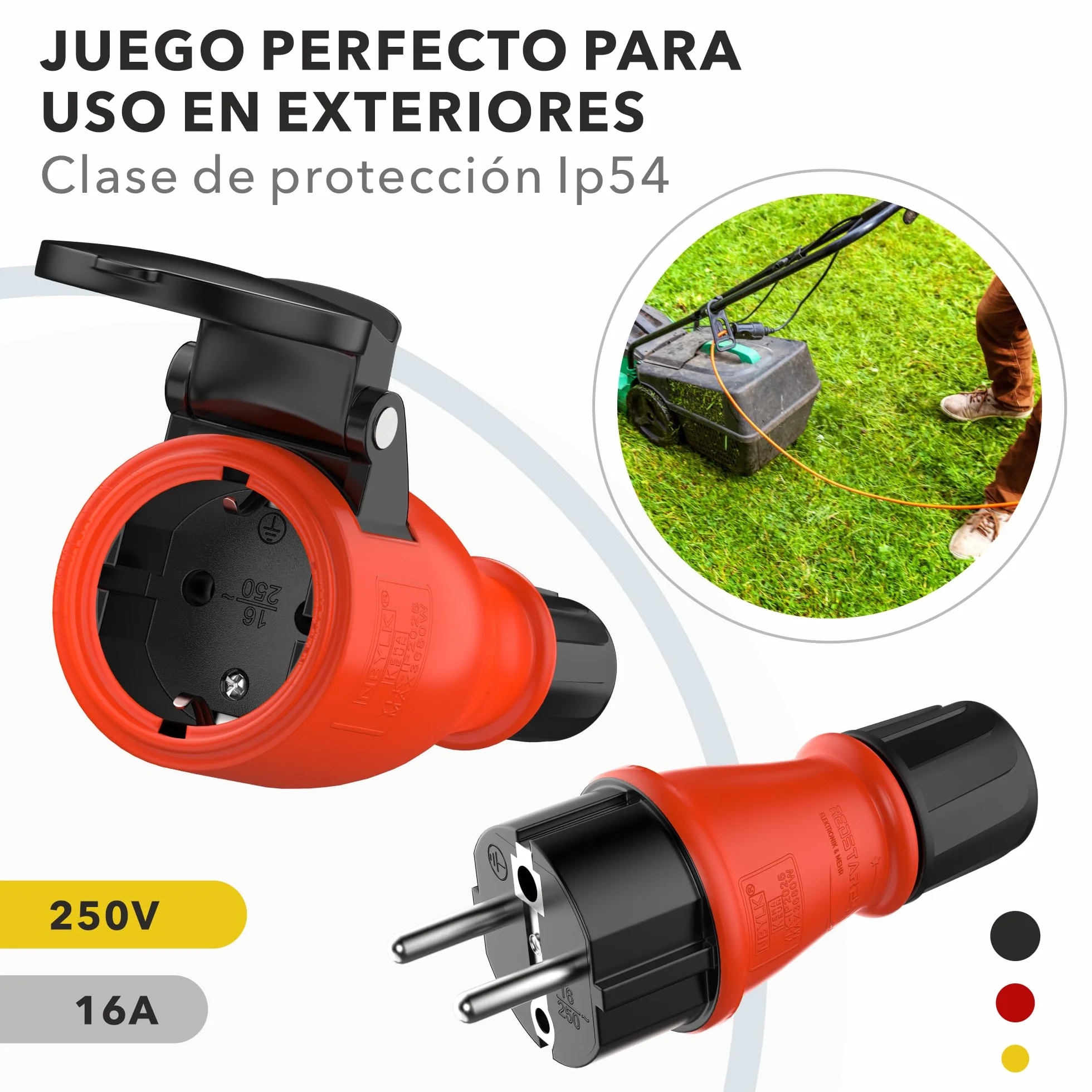 Clavija Enchufe Macho Schuko IP54 Goma Exteriores Negro Rojo