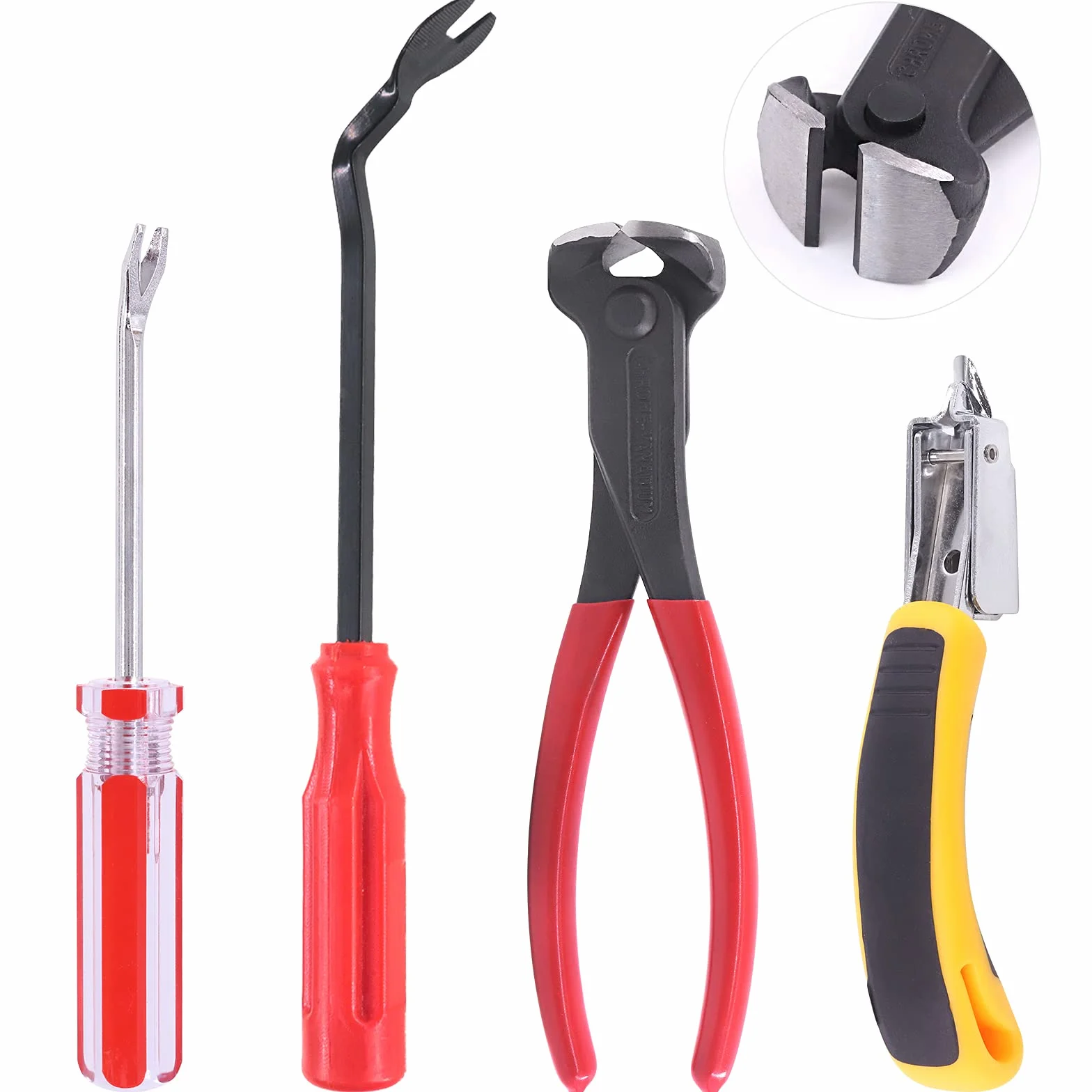 Juego de 4 pinzas para quitar grapas para tapicería y construcción, removedor de tachuelas para quitar uñas, juego de alicates de corte con extremo de W, coche, marco de fotos
