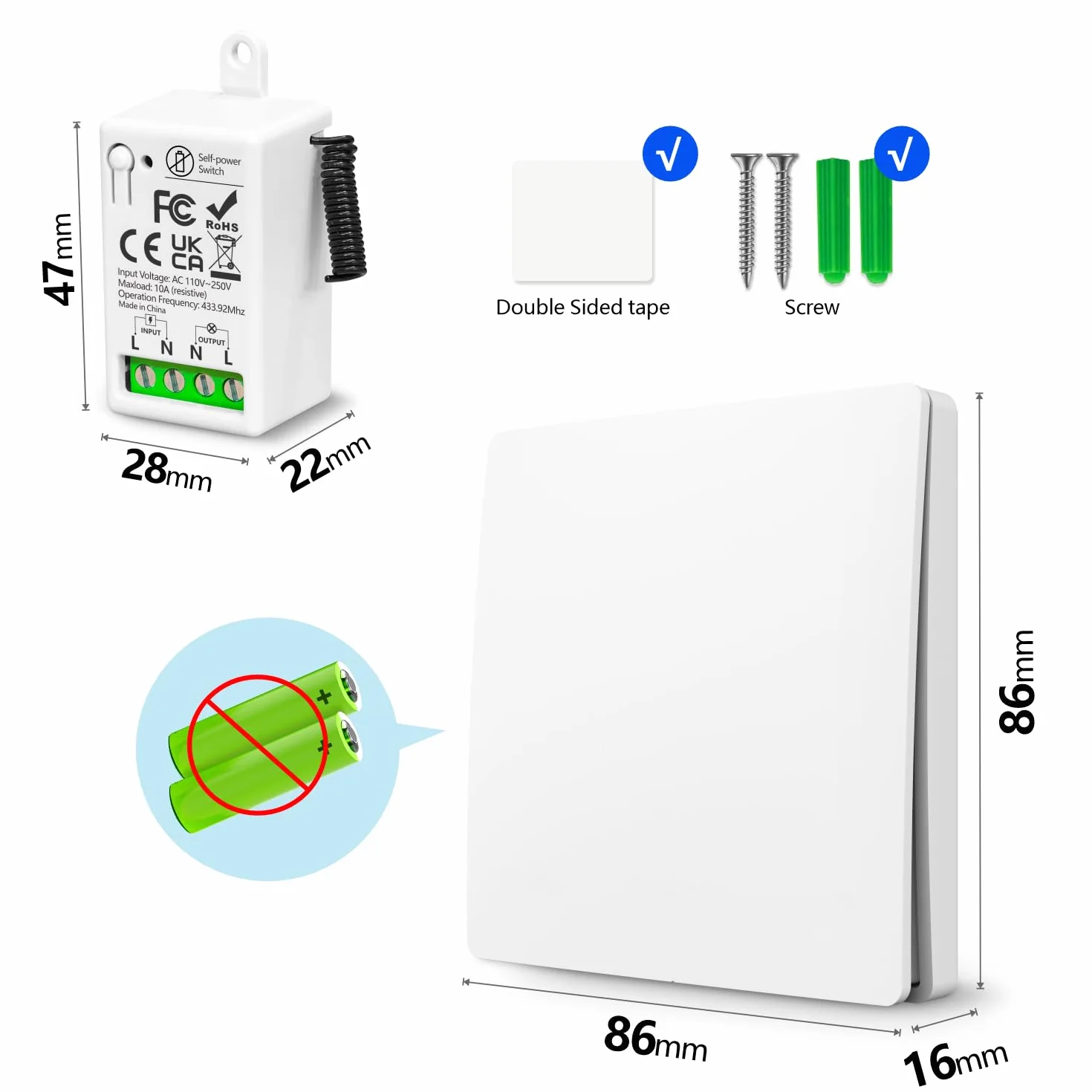 Interruptor De Luz Inalámbricas Autoalimentado, Tedeligo Sin Batería Interruptor A Prueba De Agua 220V 10A Relé Transmisor De Radio Rango De Control De 50M Para Iluminación De Lámpara (1 a 1)