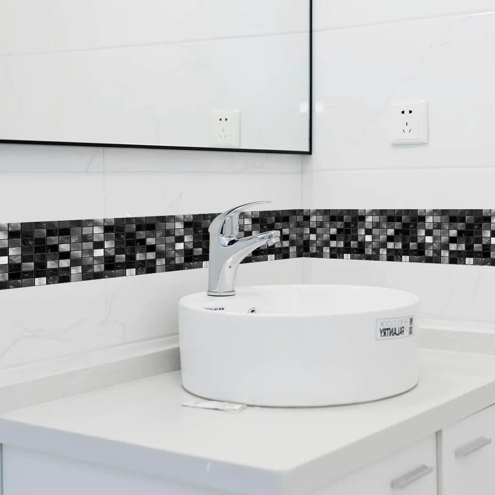 neukids Borde de pared de mosaico negro para despegar y pegar, borde de rodapiés, bordes de pared, sala de estar, dormitorio, baño, cocina, decoración de papel tapiz