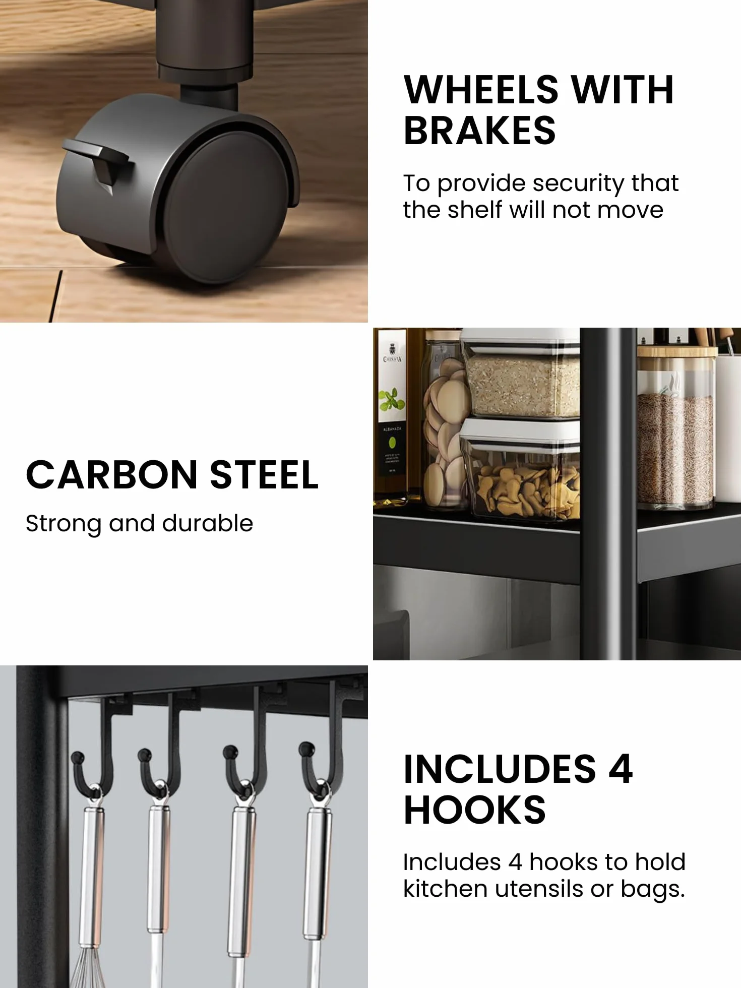 MAGIC SELECT Estantería para Almacenaje,Estante con Ruedas, Estantería de Pie,Repisa Metálica Multiusos, Mueble para Cocina, Baño, Habitación, Garaje, Salón con 4 Baldas de Almacenamiento.