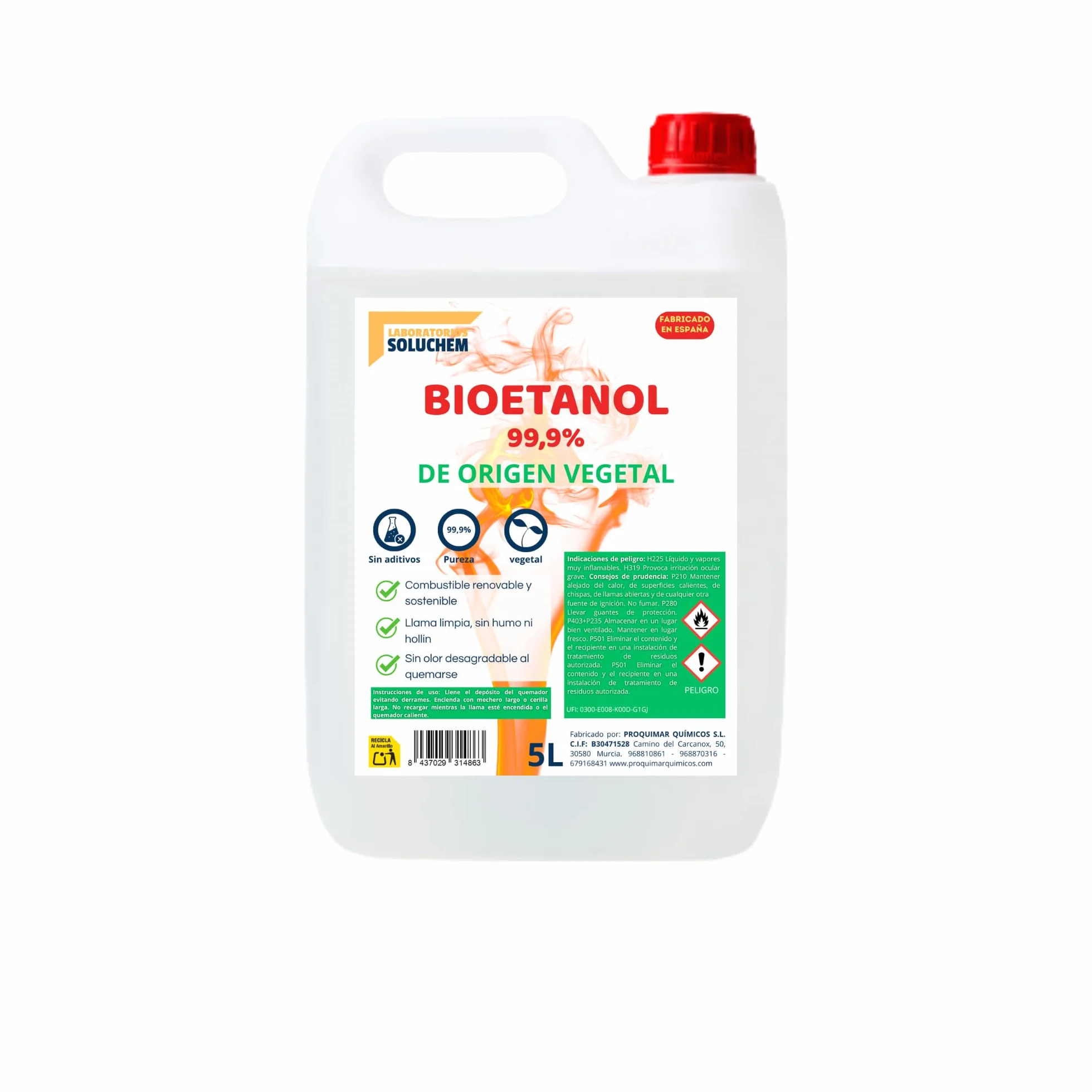 Bioetanol 99,9% Origen Vegetal 5 litros Combustible Limpio para Chimeneas
