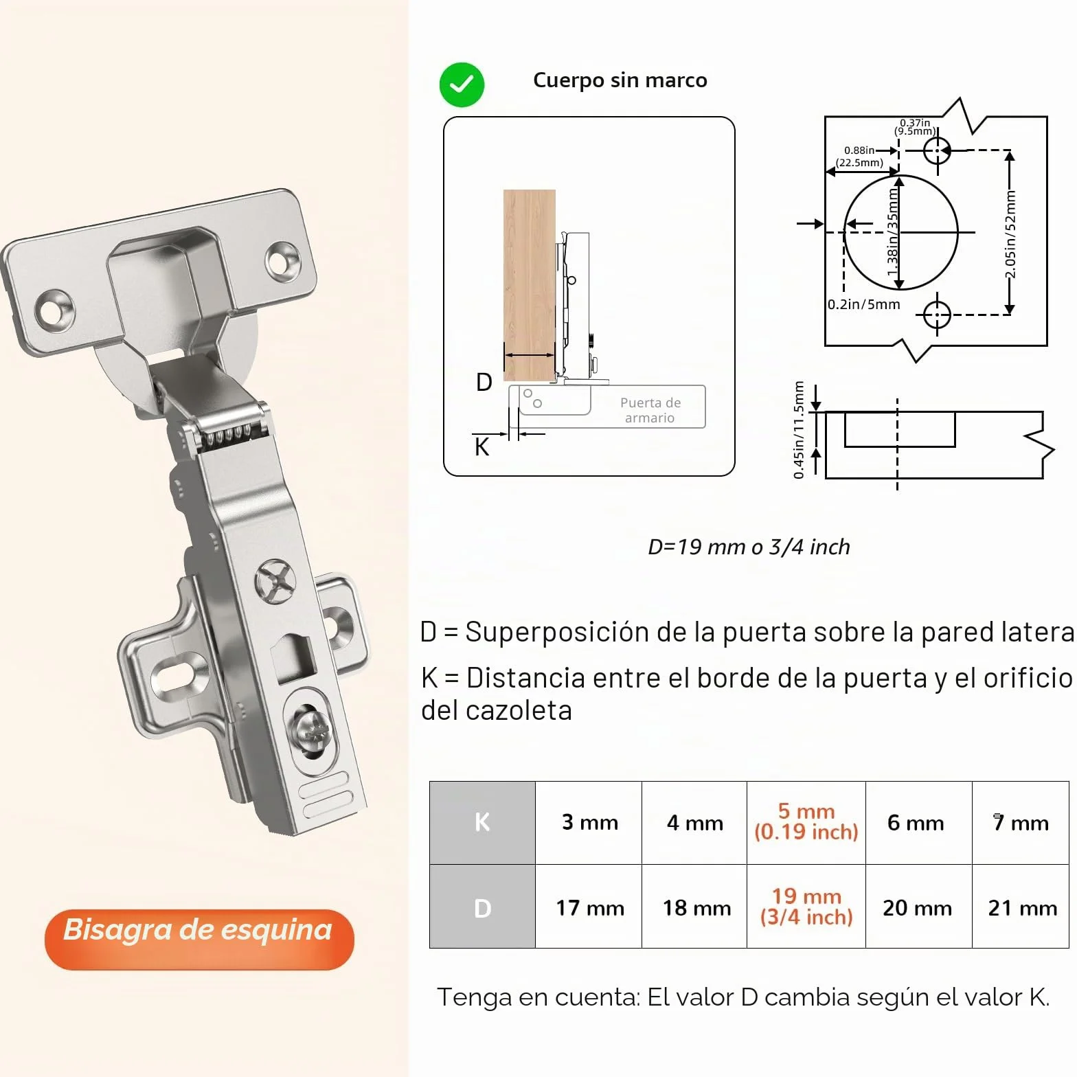 Furniware 2 bisagras de cierre suave para esquinas, bisagra para armario 52 mm, 105 grados, tope 35 mm