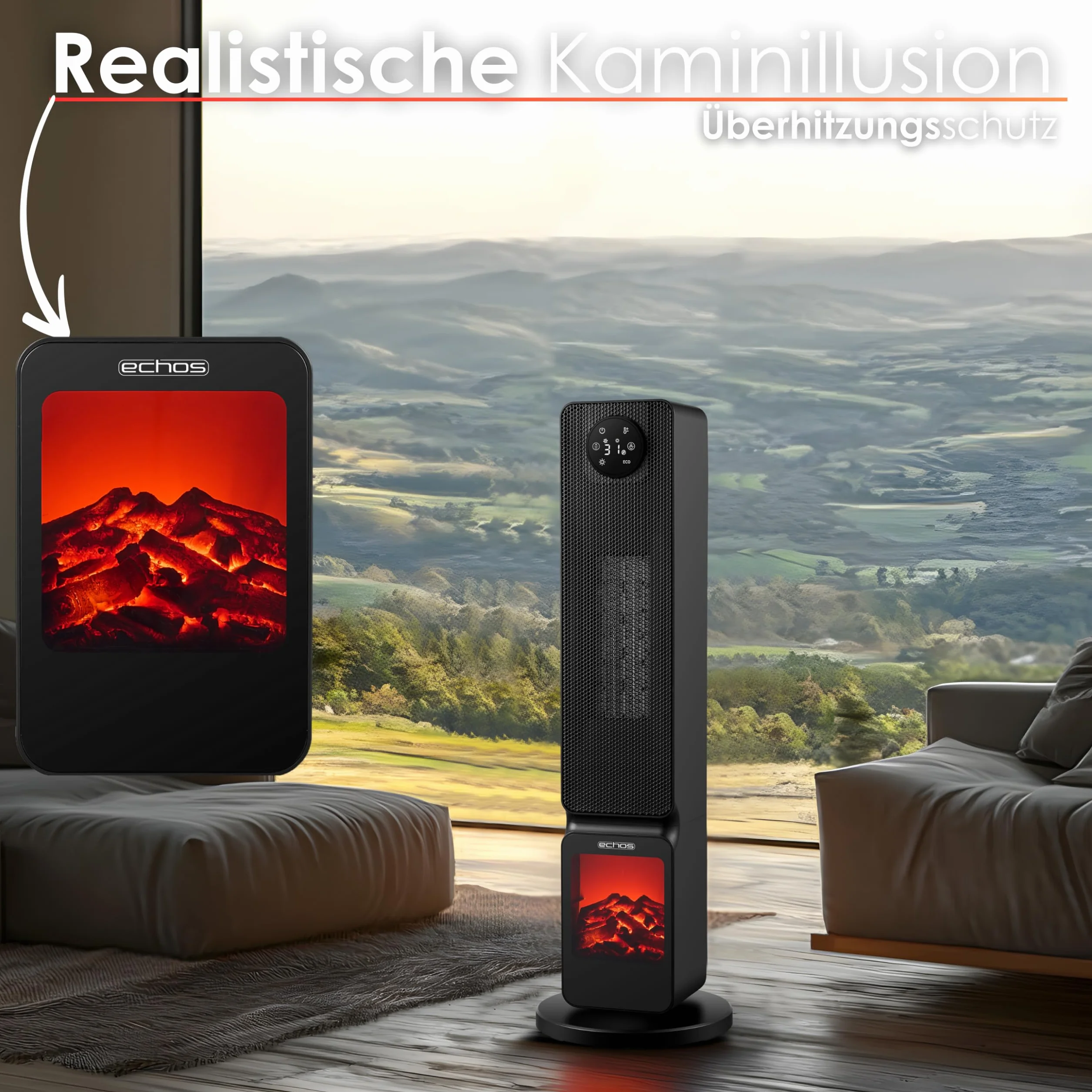 Calefactor con ilusión de chimenea 2000 W, 2 niveles, oscilante, controlable mediante smartphone Tuya, silencioso