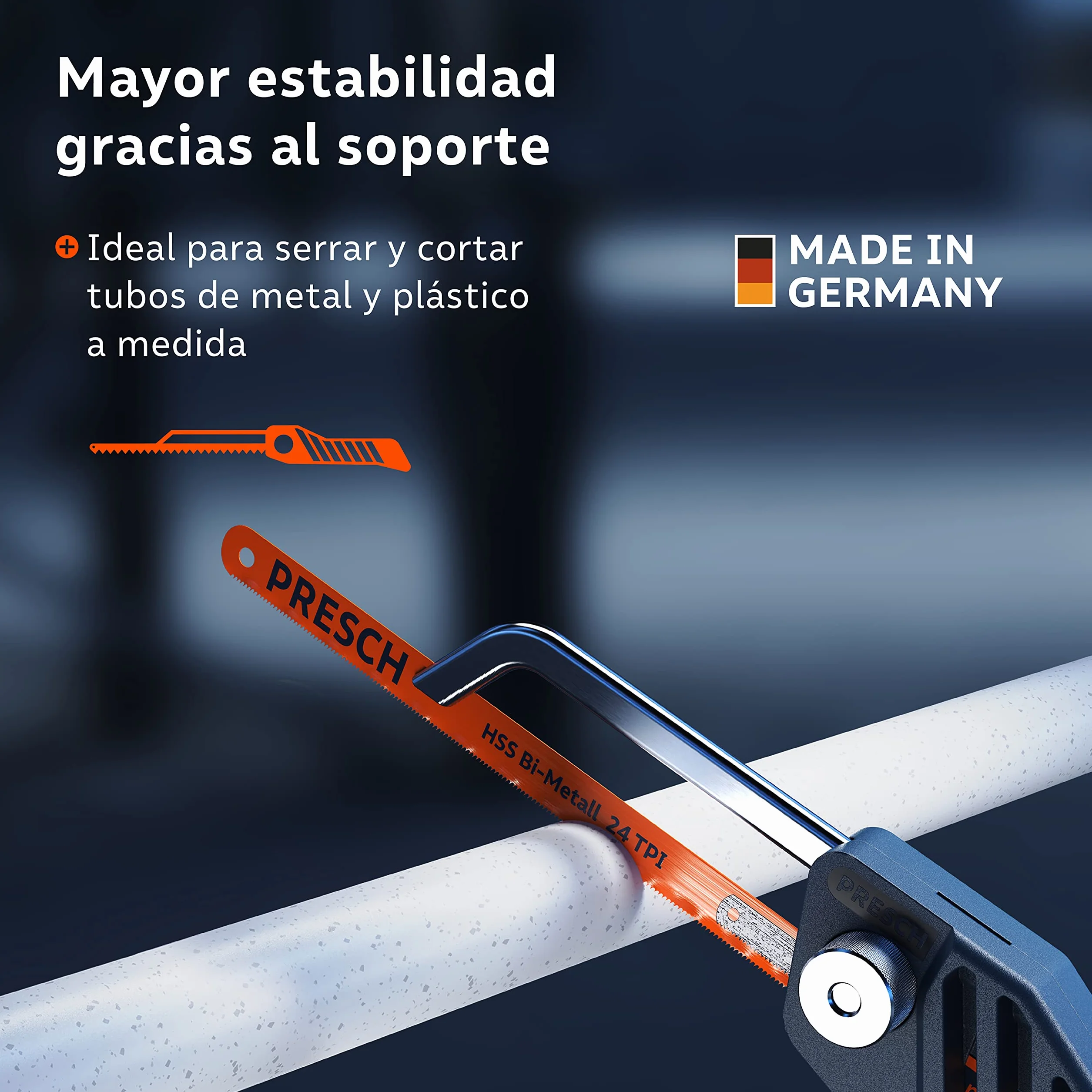 Presch Mini Sierra de Metal Flexible 300mm - de mano 3 en 1 incl. hoja de sierra para metal - Sierra de hierro pequeña ajustable con hoja para metalica