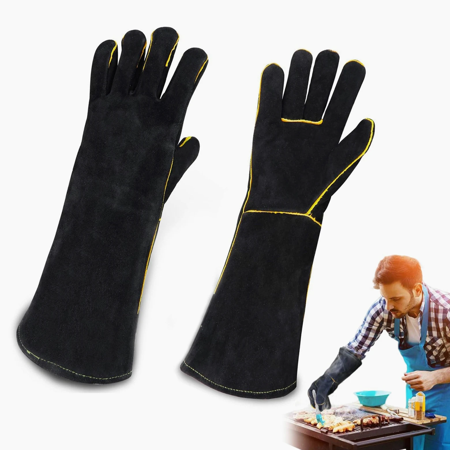 Guantes de fuego para quemadores de leña, guantes de barbacoa de cuero ignífugo, guantes resistentes al calor para barbacoa, soldadura, chimenea, guante grande para horno, horno, estufa, soporte para