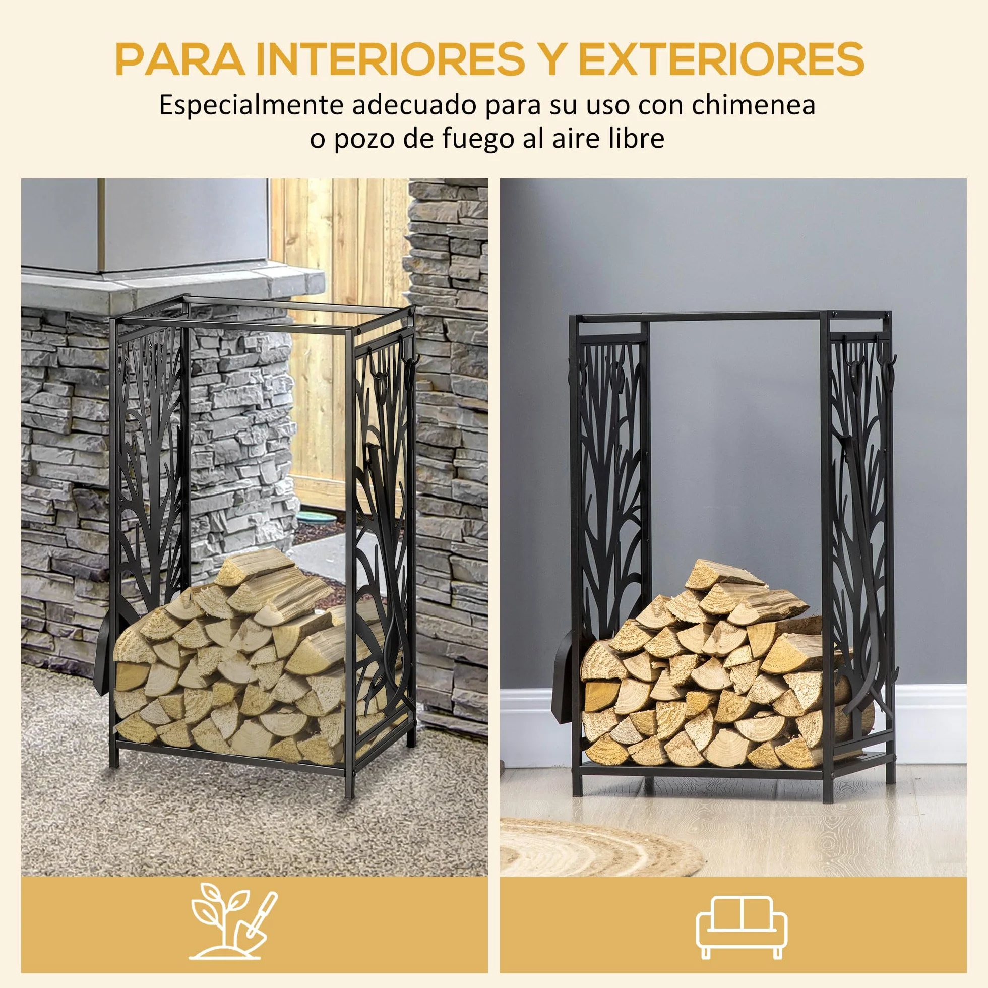 HOMCOM Estante para Leña Estantería de Almacenamiento para Chimenea Soporte para Leña con 4 Herramientas para Interior y Exterior 46x30x70 cm Carga 100 kg Negro