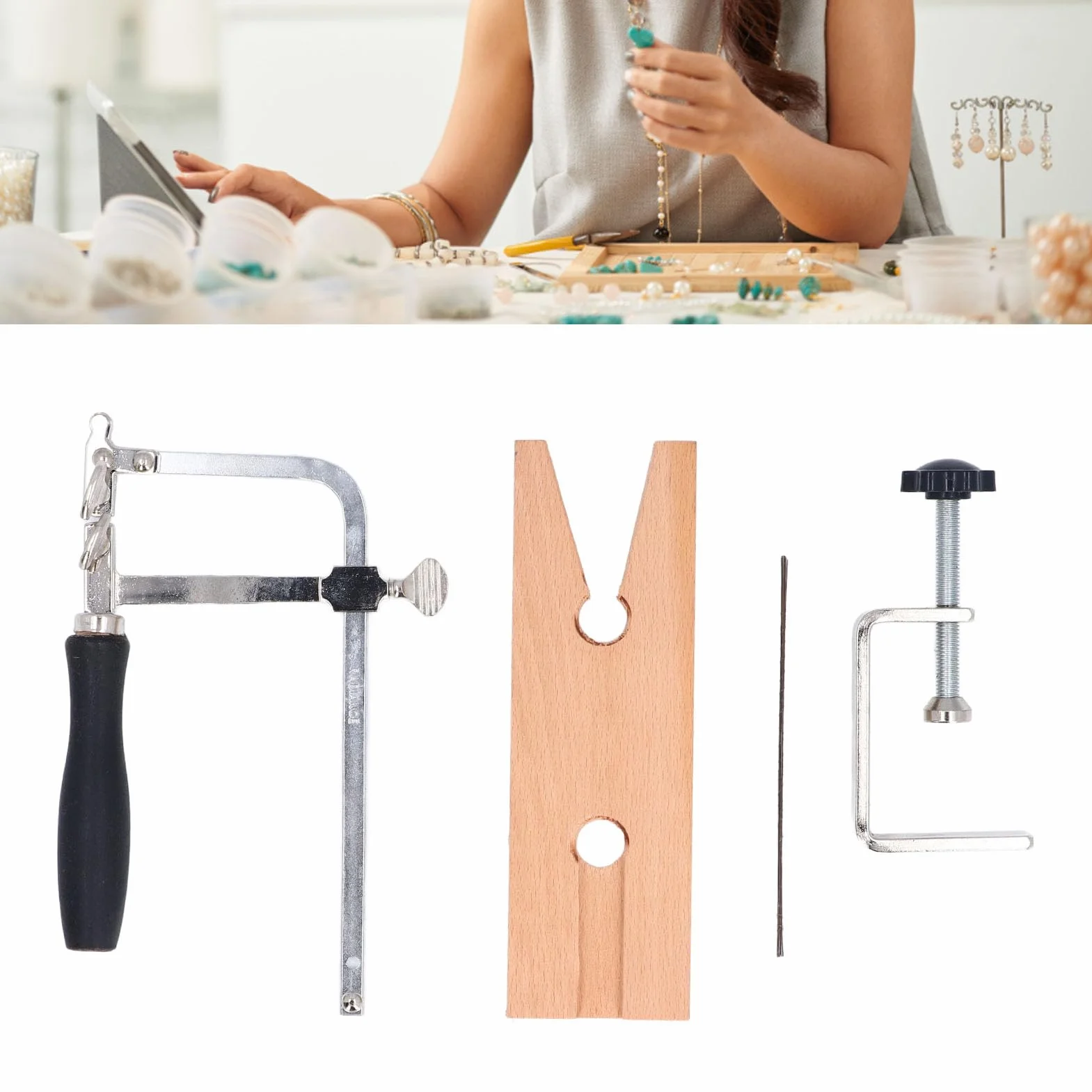 Kit de Sierra para Joyería Pinza de Presión V y Pinza C Ajustable Marco de Sierra Ajustable con 12Hojas de Repuesto Herramienta de Corte para Metal Madera Cera para Fabricación de Joyas Manualidades