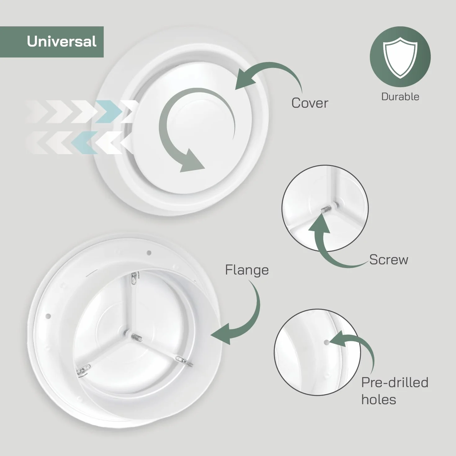 Vent Systems Difusor universal ajustable de plástico blanco de 6 pulgadas, cubierta de ventilación redonda para pared, conducto de techo, deflector de ventilación de aire de registro en línea