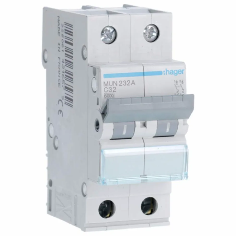 Hager MUN232A Interruptor Automático Magnetotérmico Serie MU, 2P, 32A, curva C, 6KA