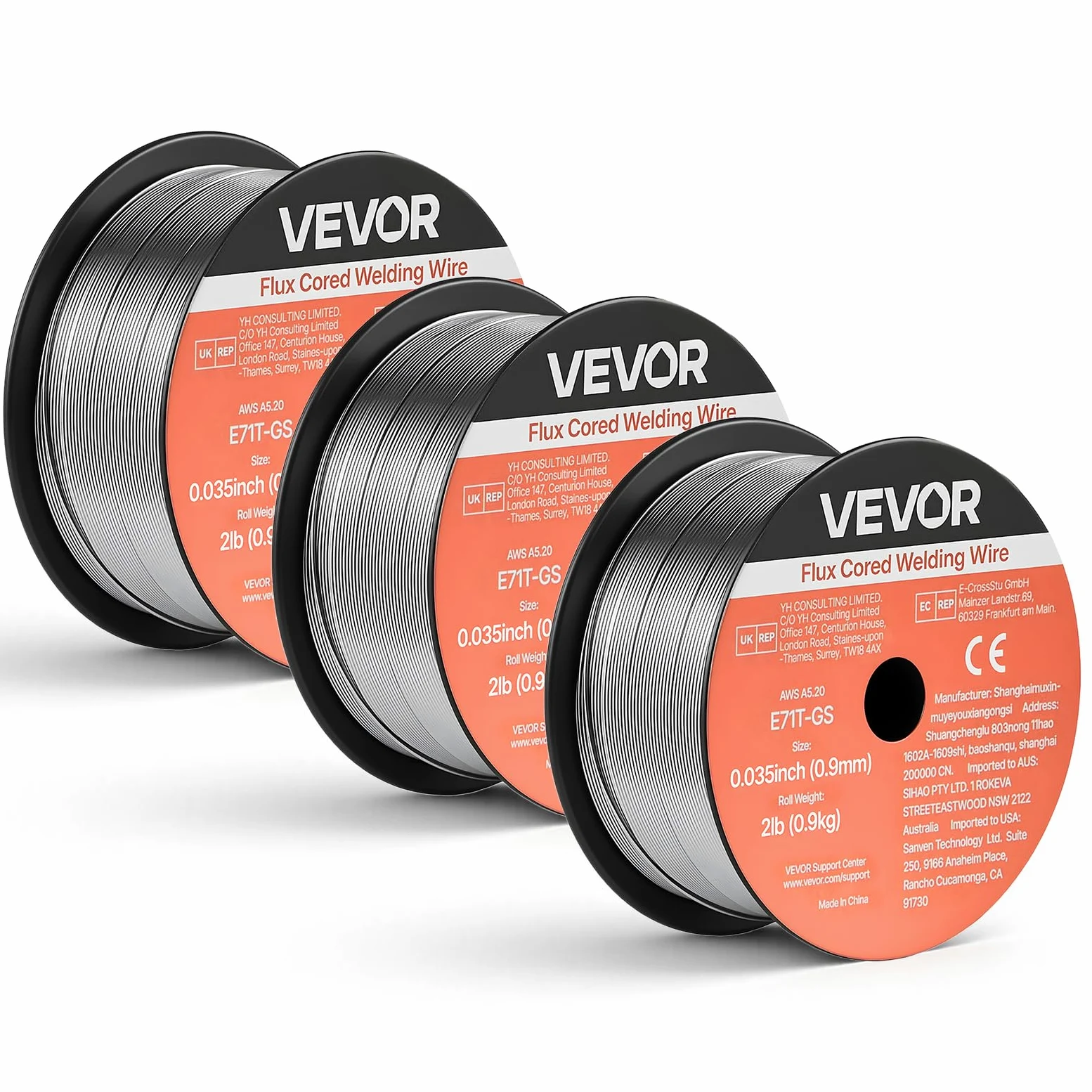 VEVOR Alambre de Soldadura MIG con Núcleo Fundente, E71T-GS, 0,9 mm, 0,9 kg, Acero Dulce sin Gas, con Bajas Salpicaduras para Soldadura por Arco en Cualquier Posición, para Exteriores, 3 Rollos